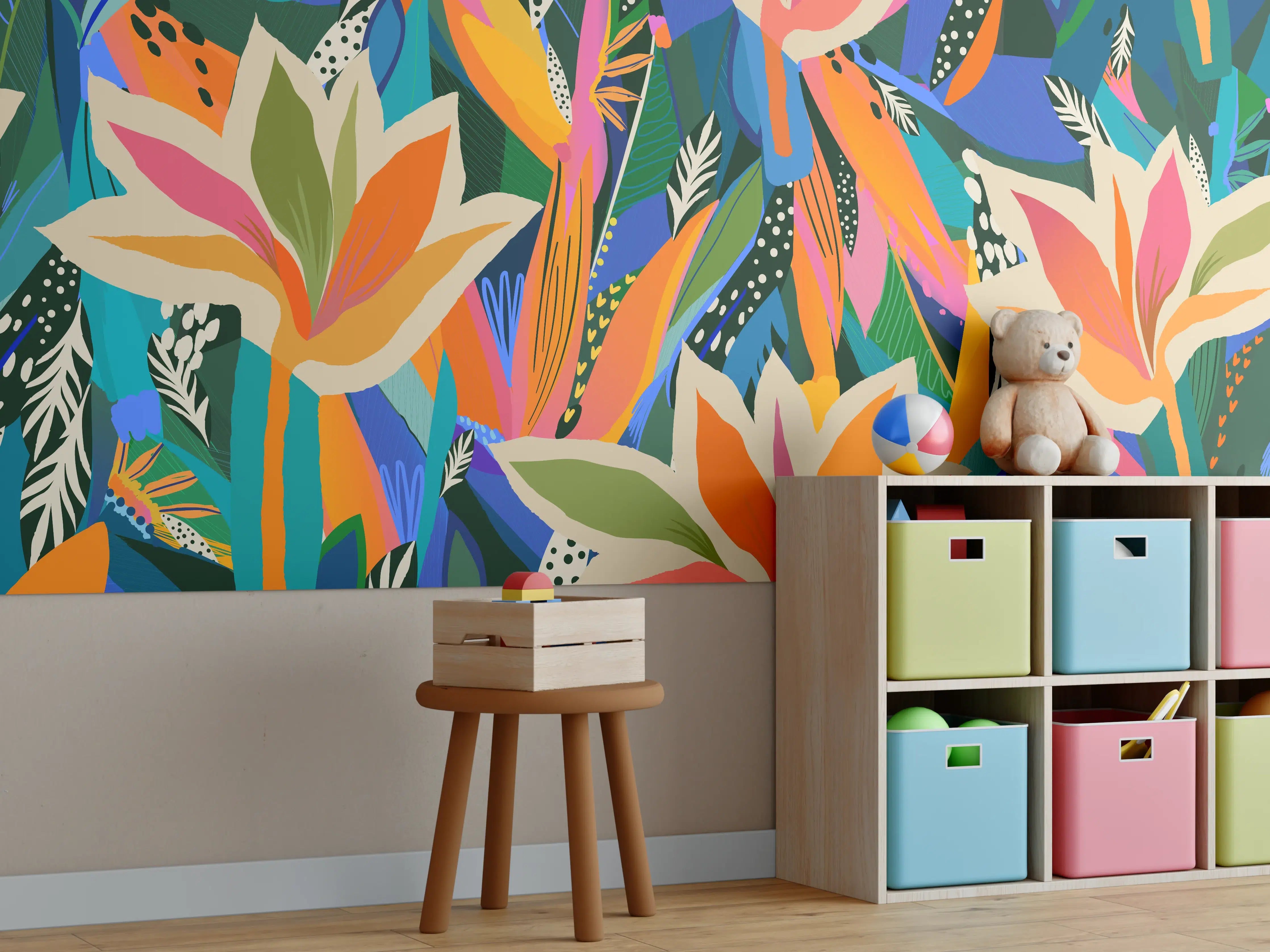 Kinderzimmer Wandgestaltung - Tropische Blüten Blau-Orange-Grün