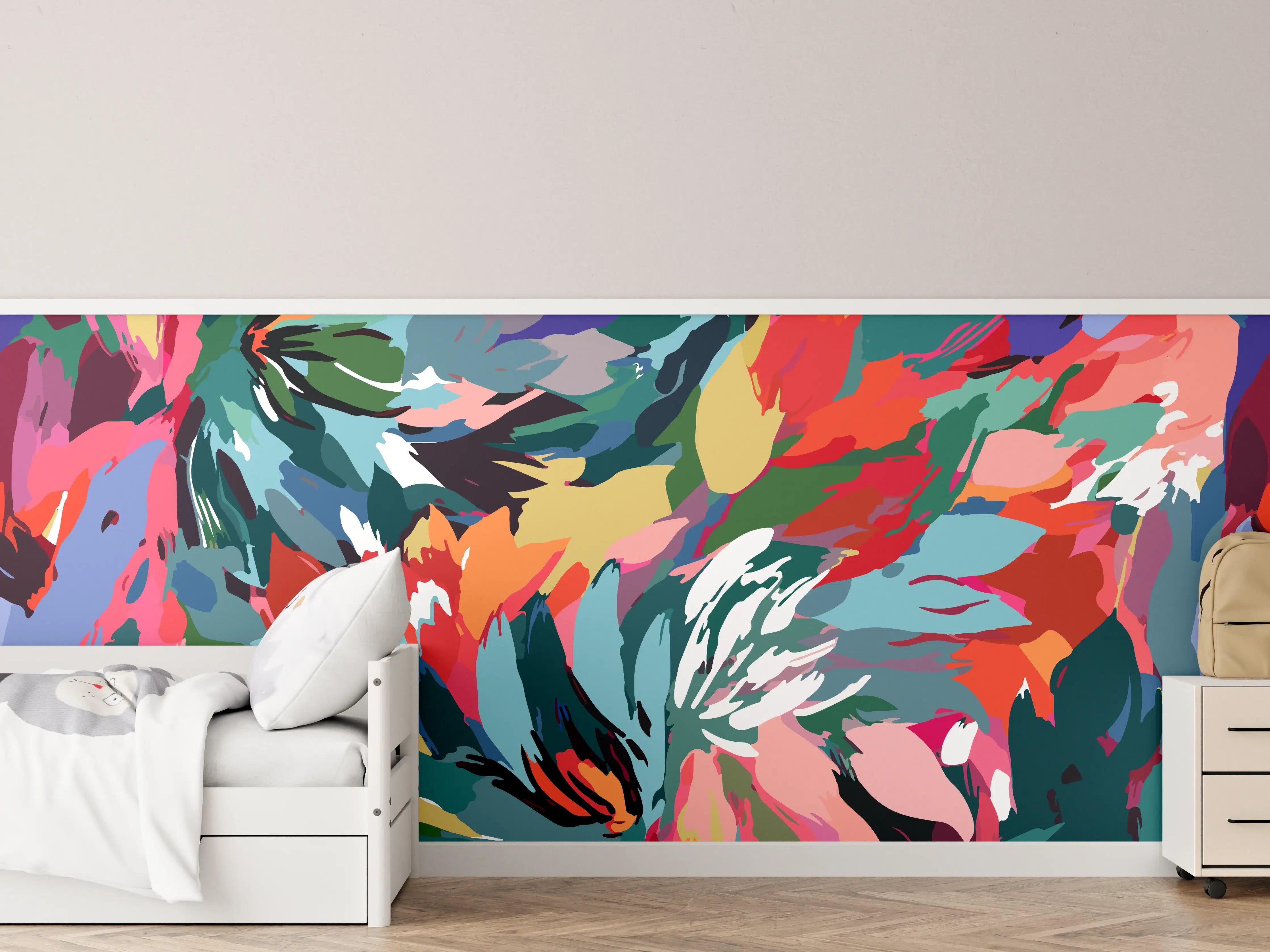 Kinderzimmer Wandgestaltung - Tropische Blüten-Explosion Türkis-Rot