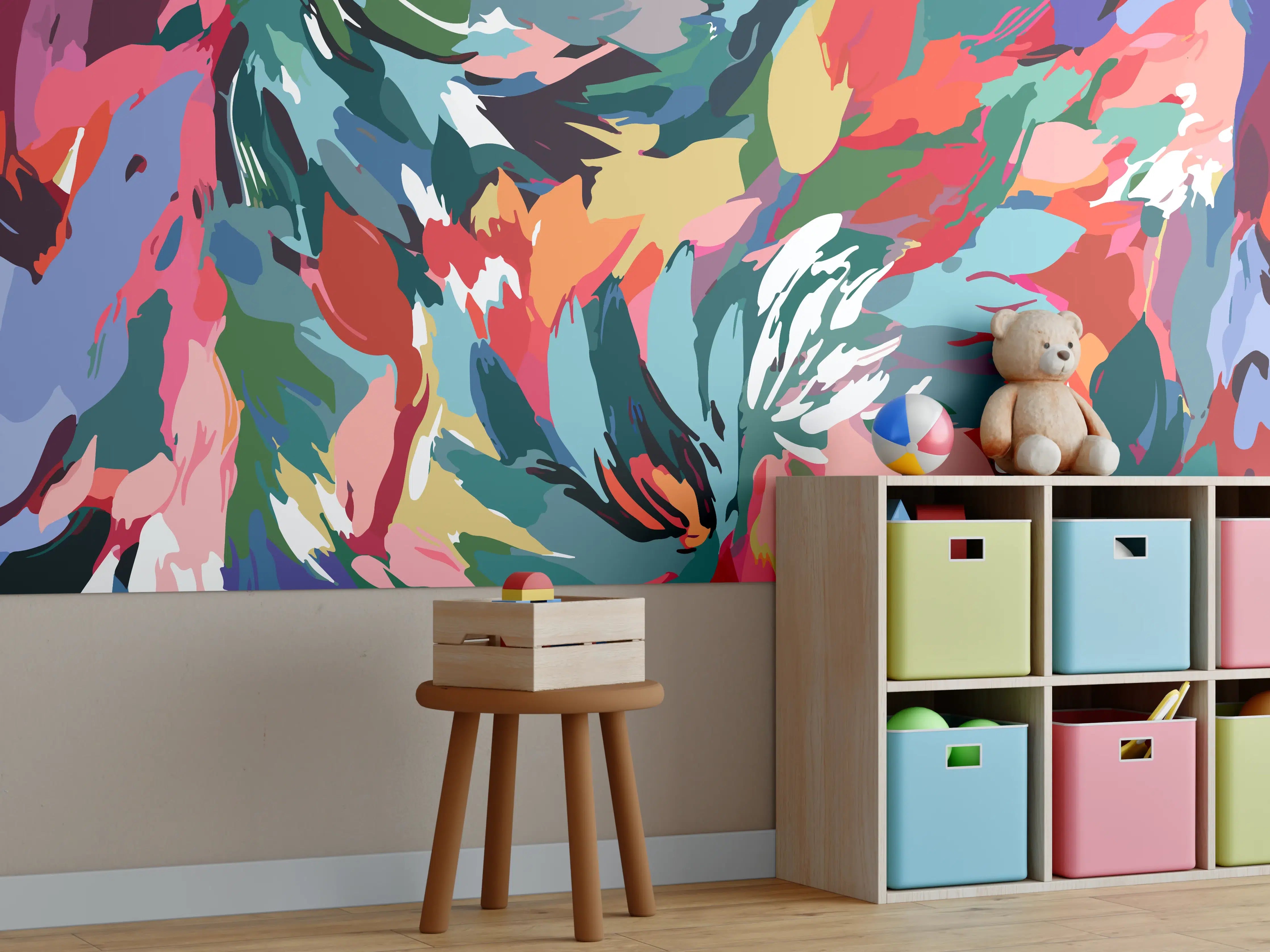 Kinderzimmer Wandgestaltung - Tropische Blüten-Explosion Türkis-Rot