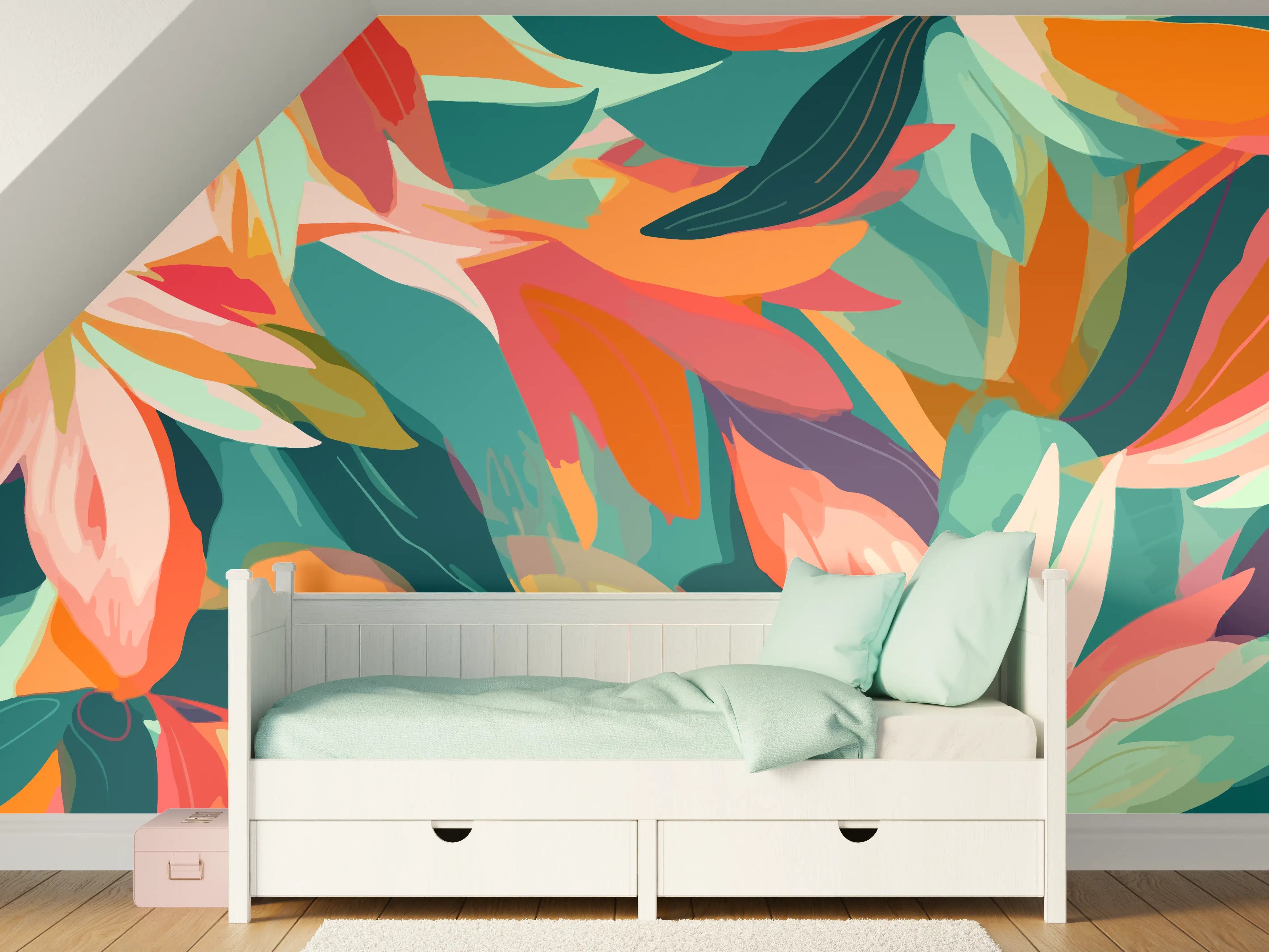 Kinderzimmer Wandgestaltung - Tropische Blüten Türkis Koralle