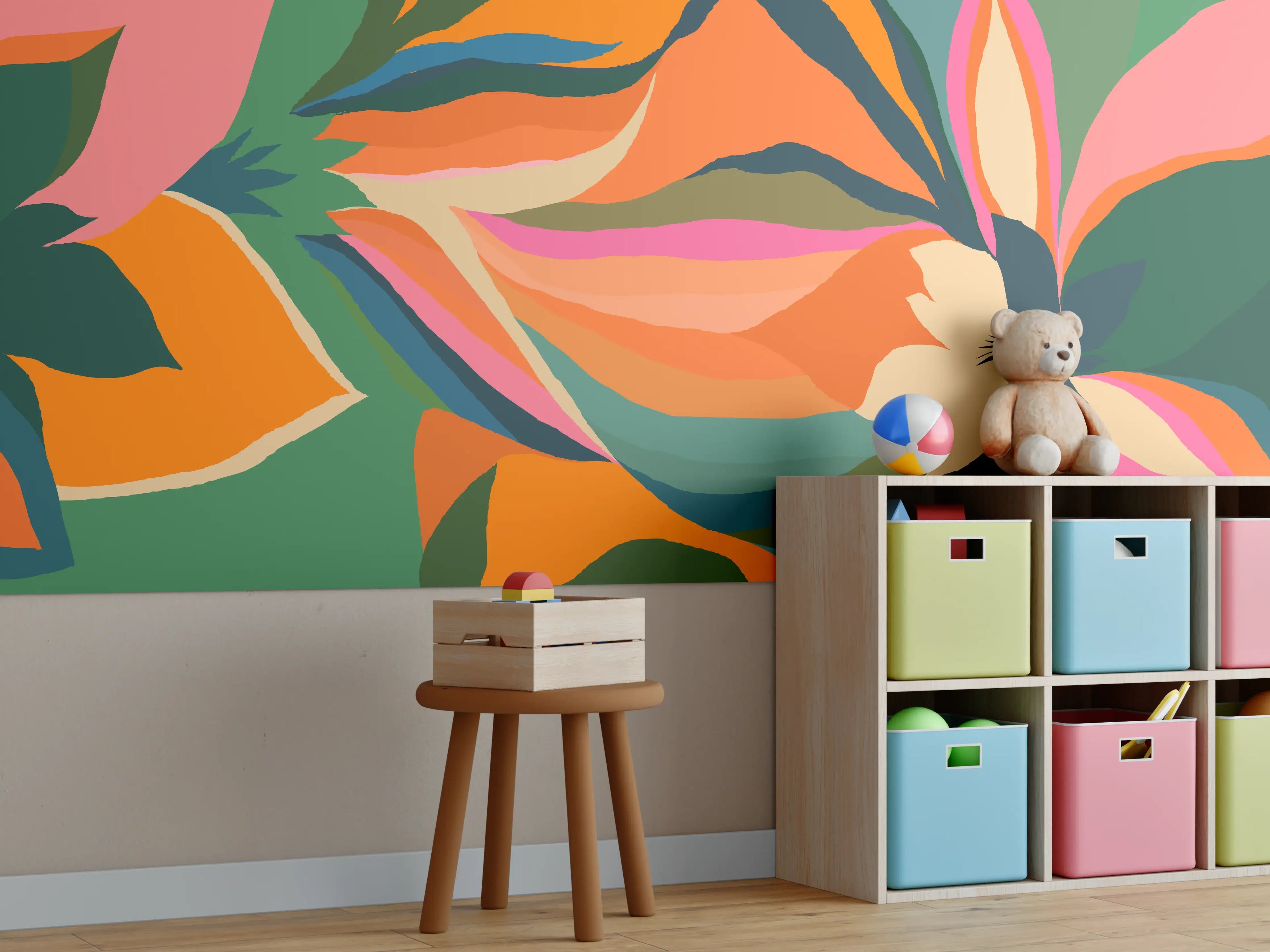 Kinderzimmer Wandgestaltung - Tropische Blüten in Orange