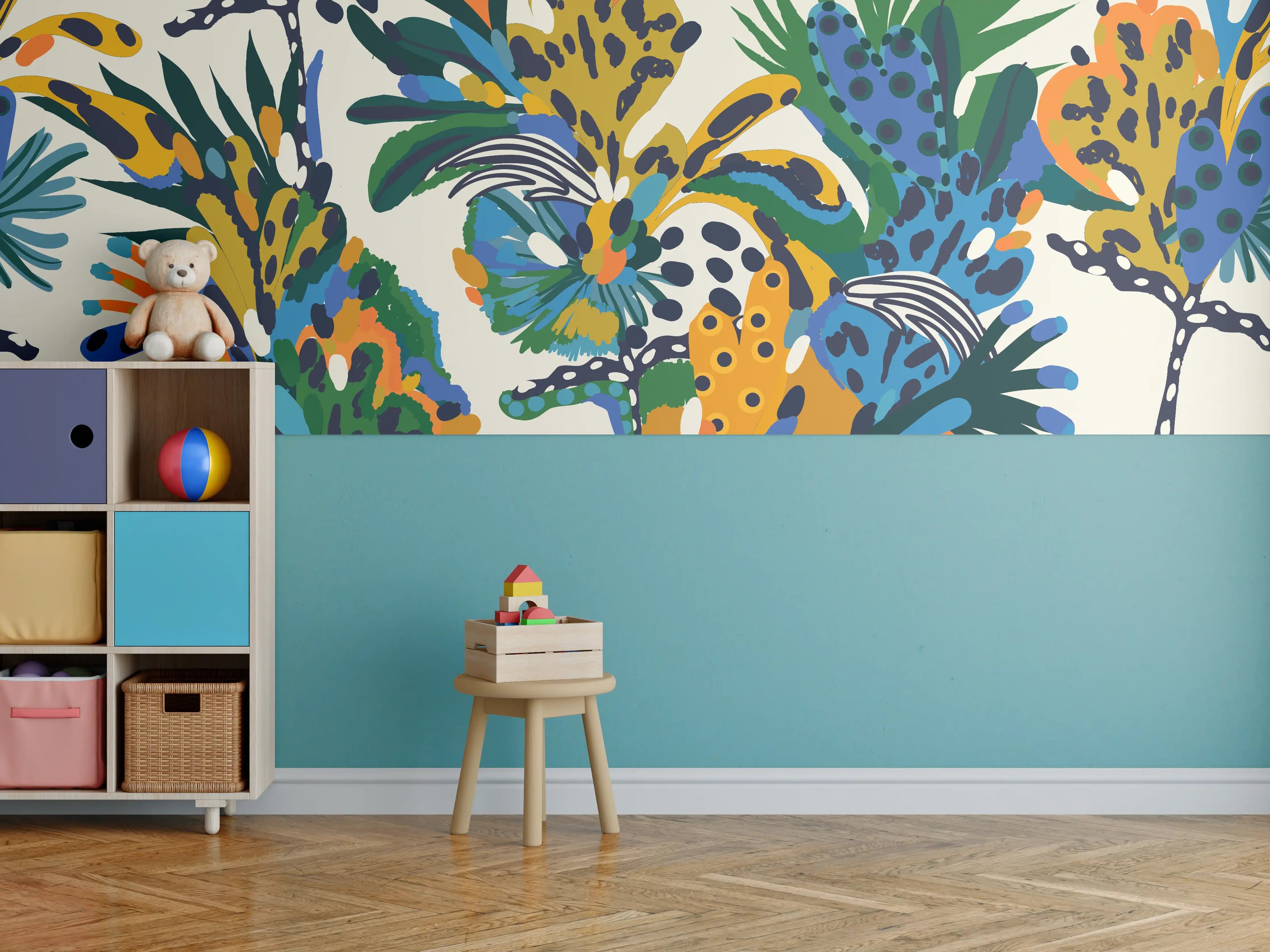 Kinderzimmer Wandgestaltung - Tropische Blumen Blau Grün Orange