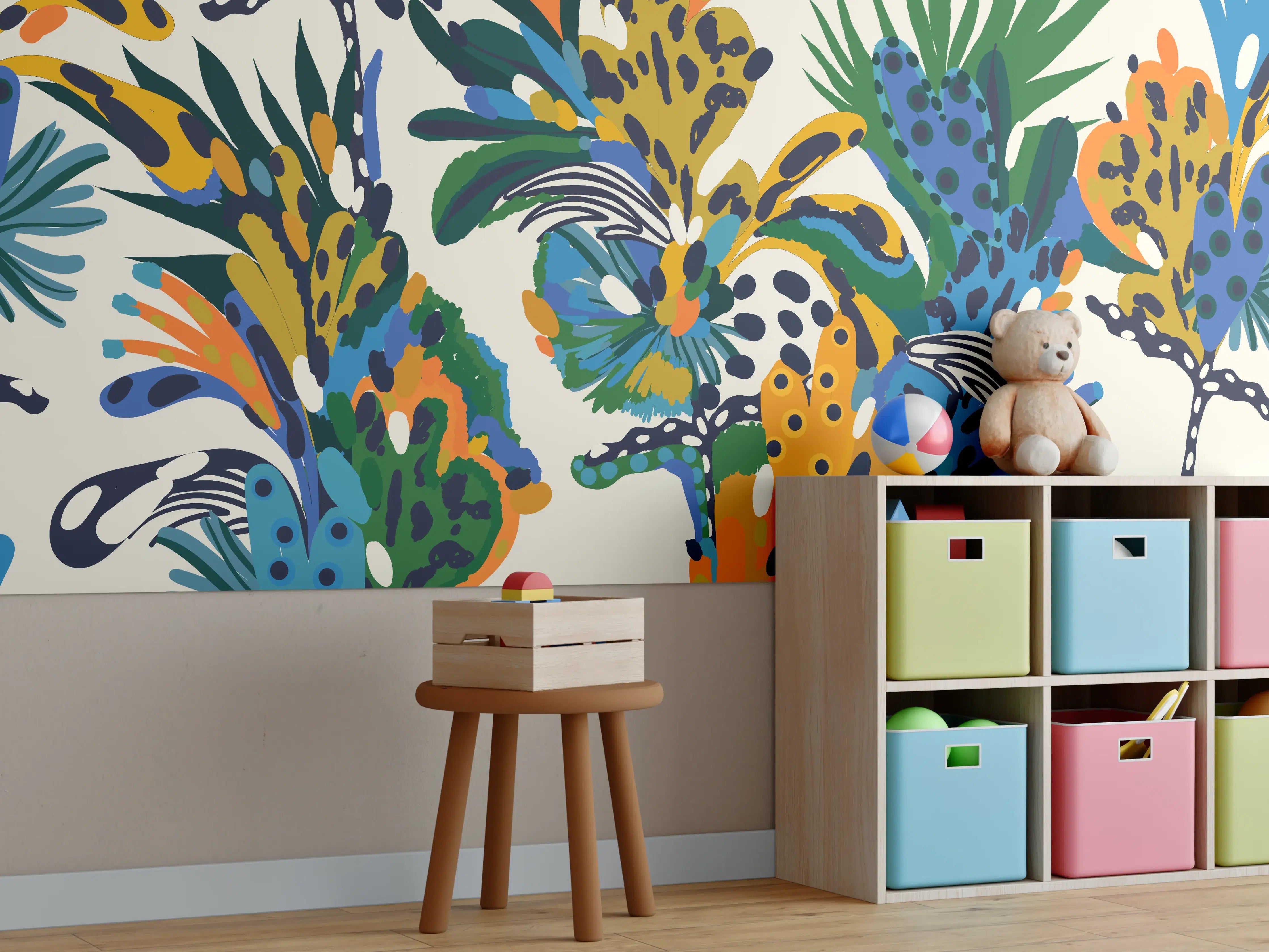Kinderzimmer Wandgestaltung - Tropische Blumen Blau Grün Orange