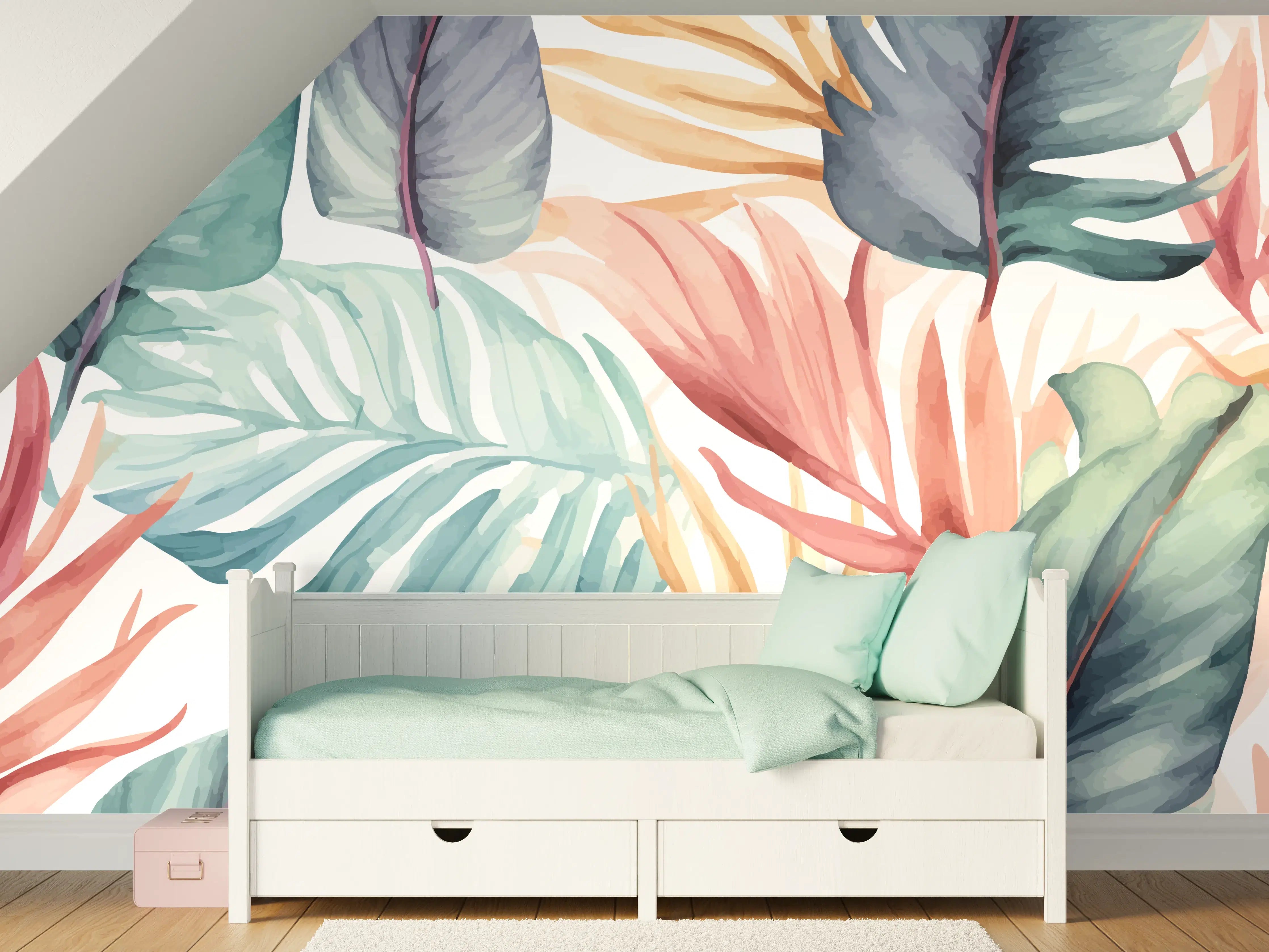 Kinderzimmer Wandgestaltung - Tropische Blumen und Blätter im Wasserfarbenstil