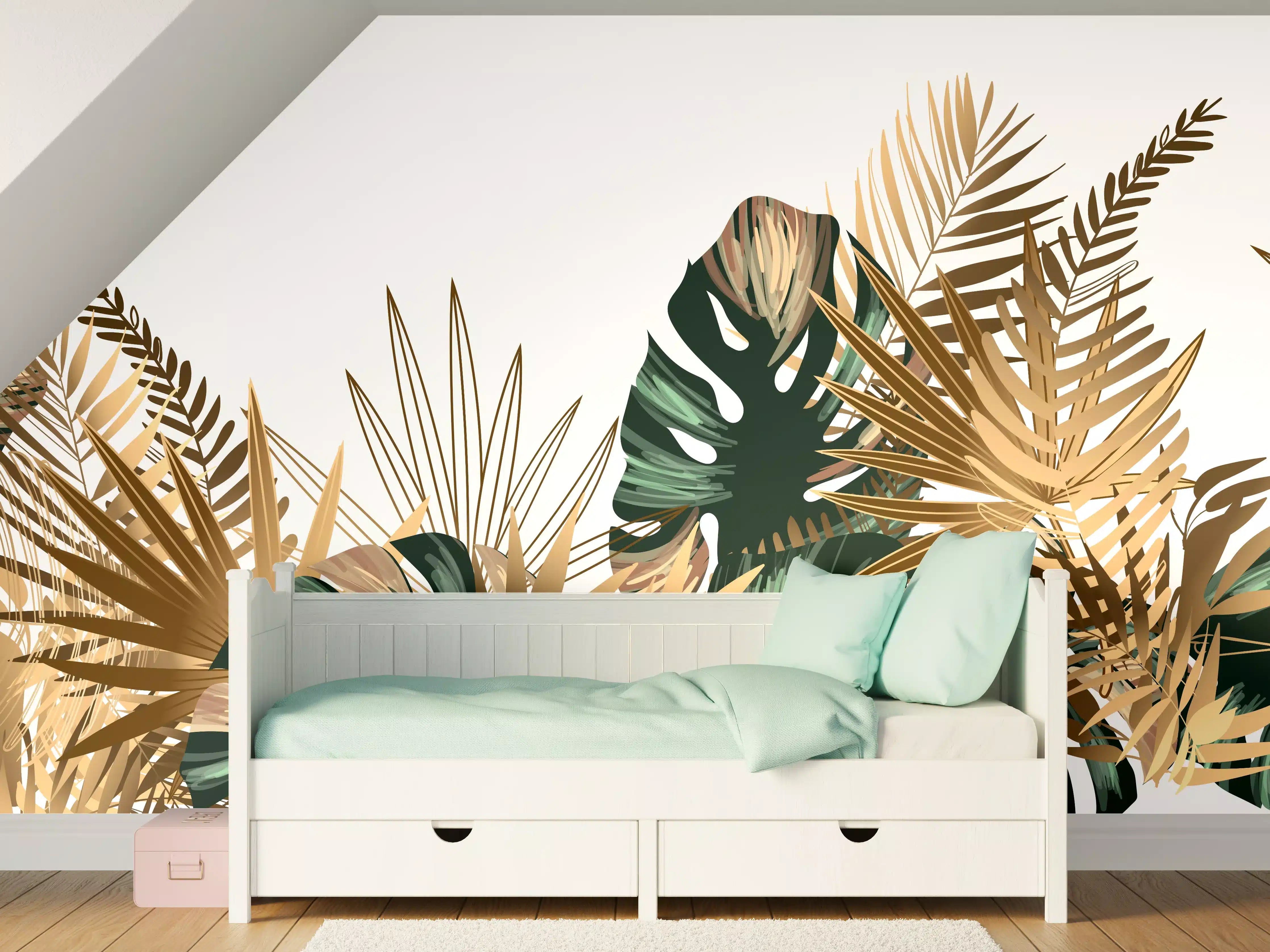 Kinderzimmer Wandgestaltung - Tropische Gold-Palmen Dekor