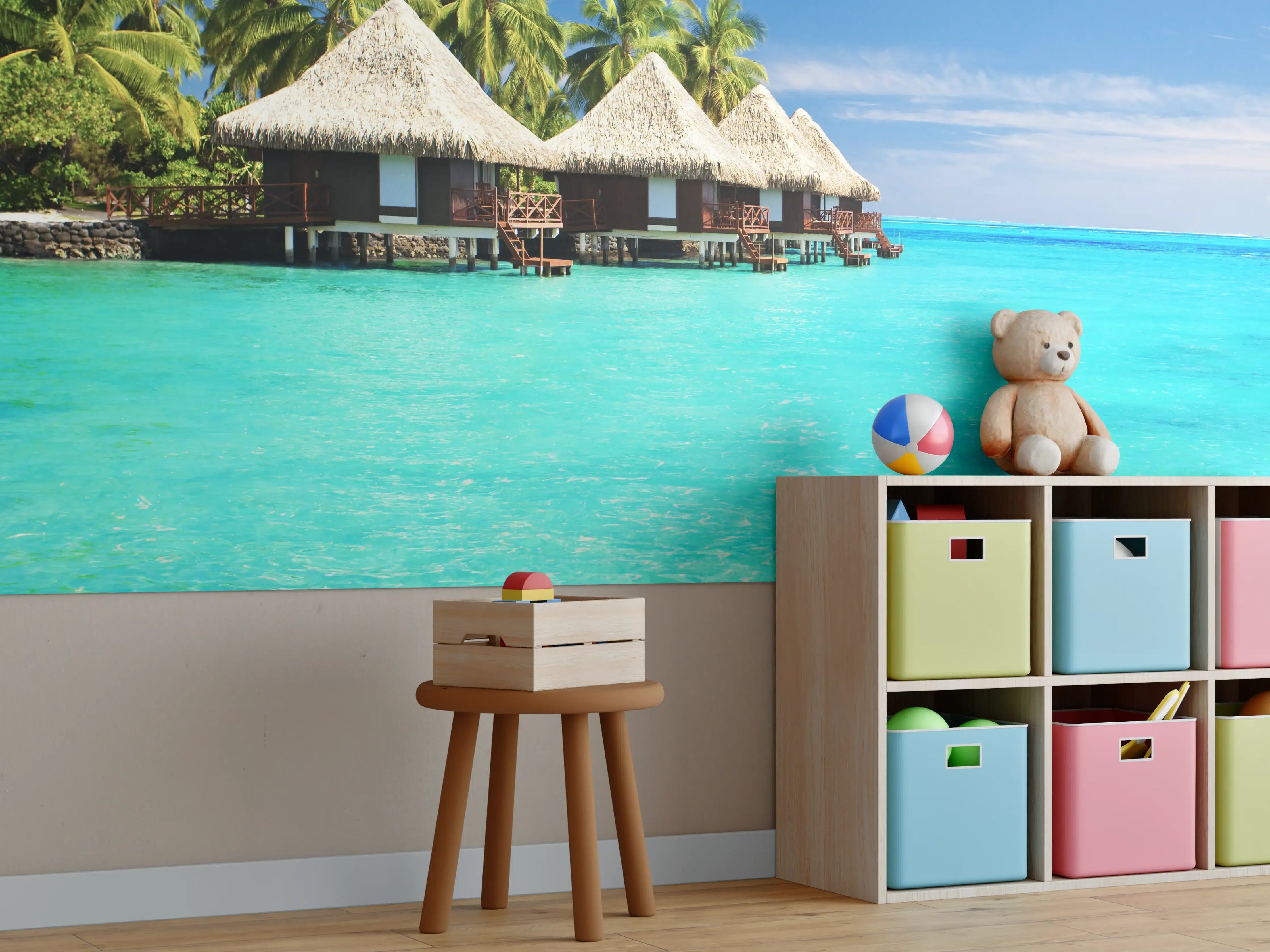 Kinderzimmer Wandgestaltung - Tropische Lagune mit Bungalows