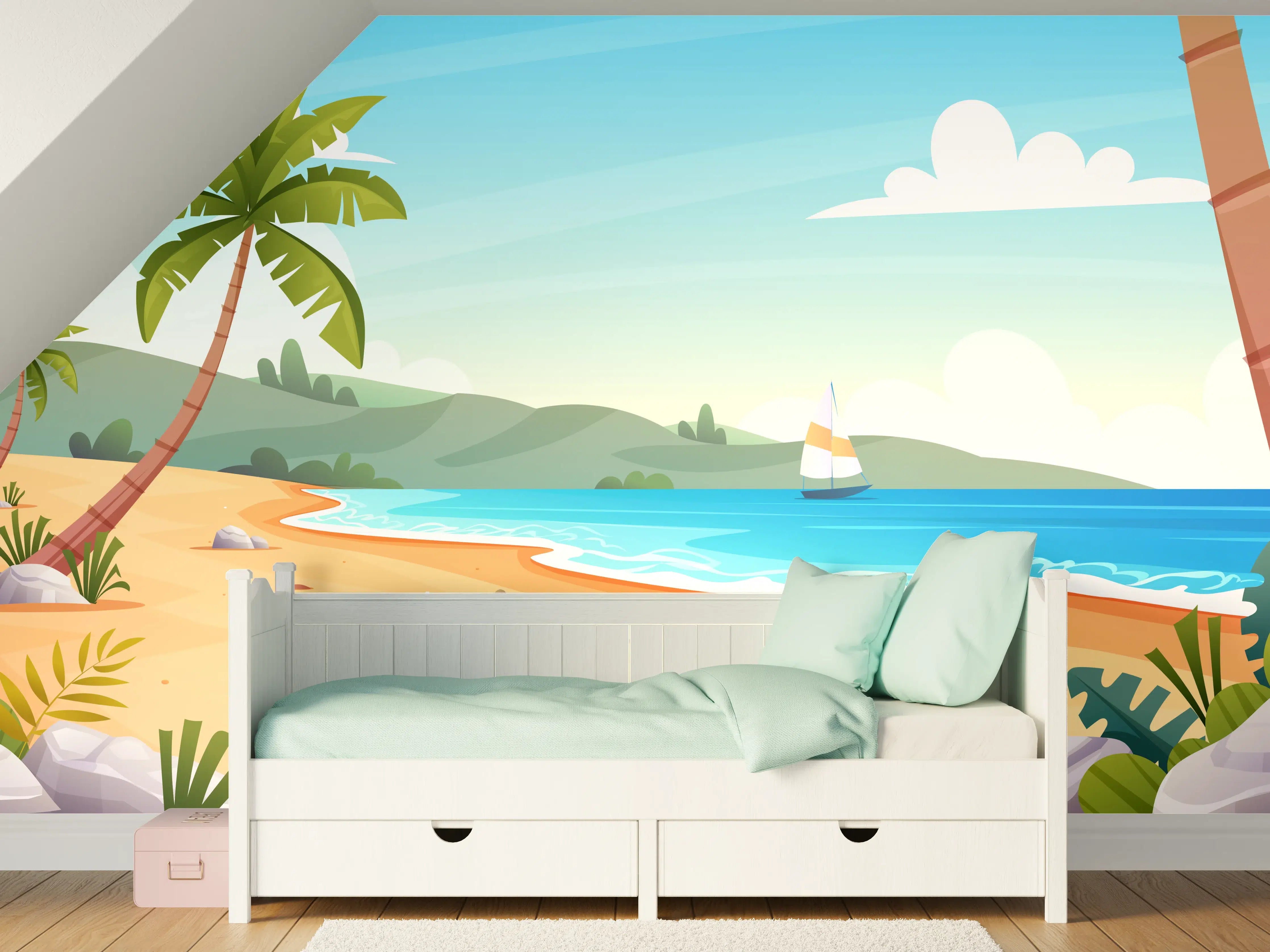 Kinderzimmer Wandgestaltung - Tropischer Strand mit Palmen und Meer