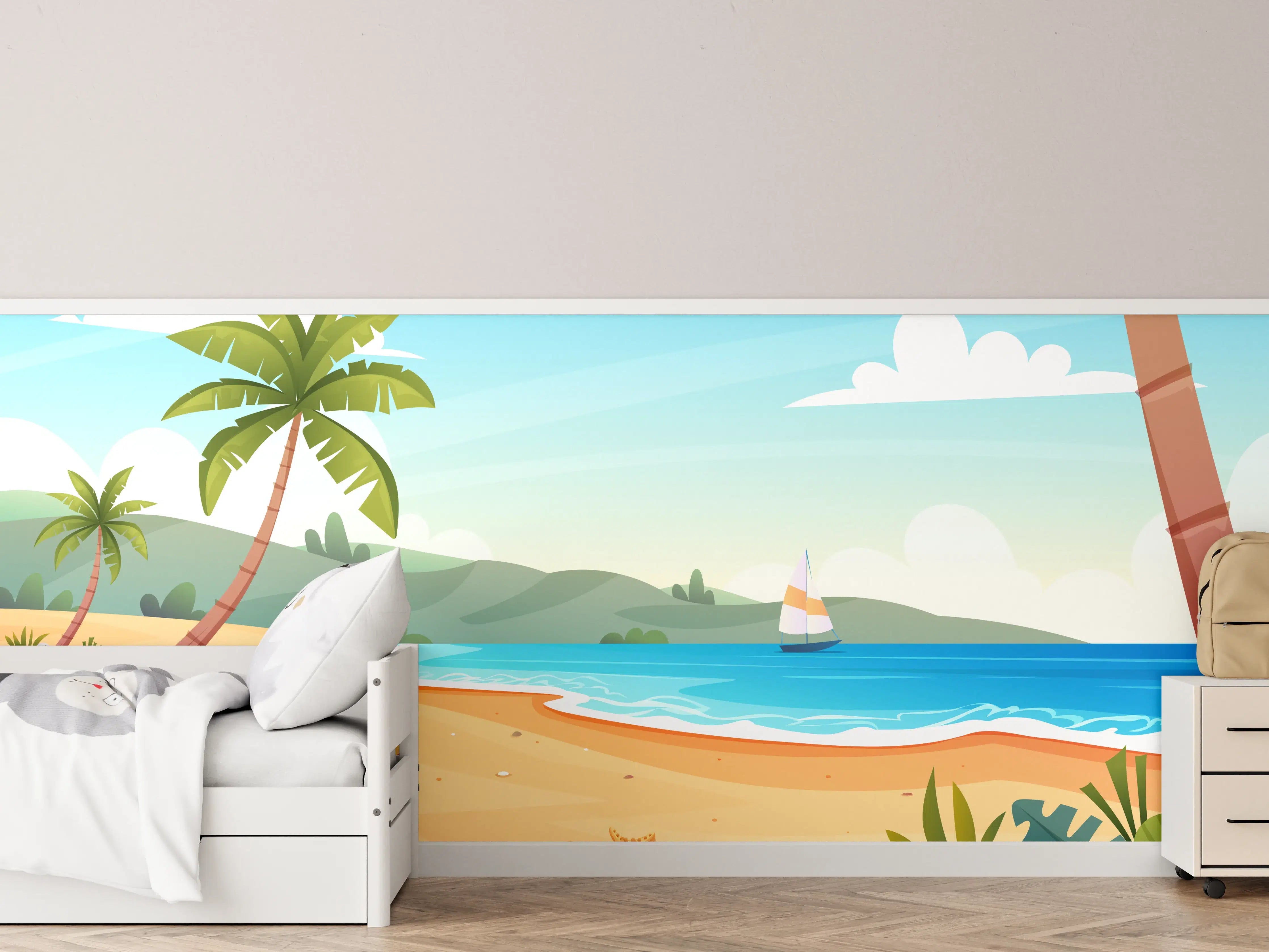 Kinderzimmer Wandgestaltung - Tropischer Strand mit Palmen und Meer