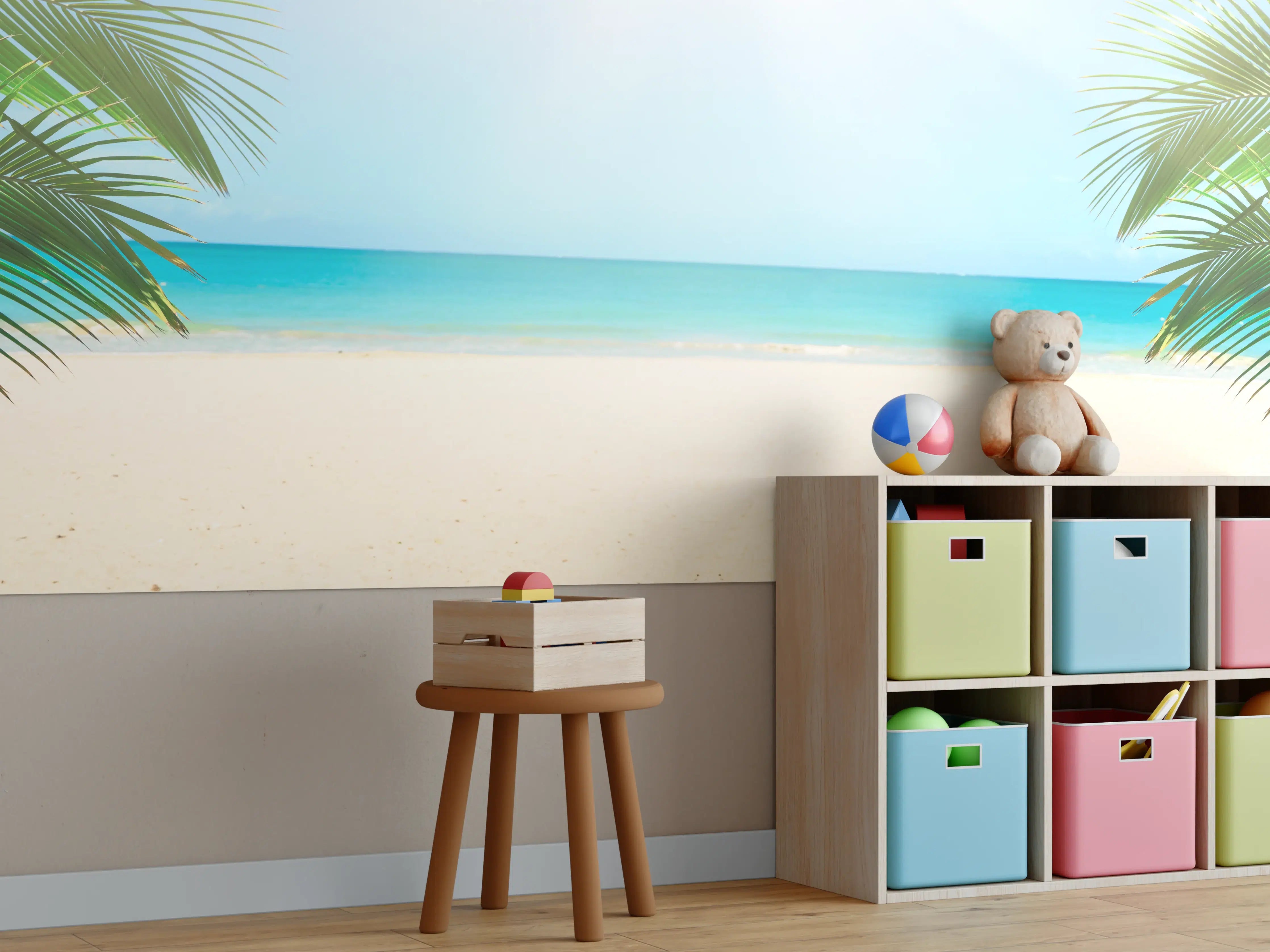 Kinderzimmer Wandgestaltung - Tropischer Strand mit Palmenansicht