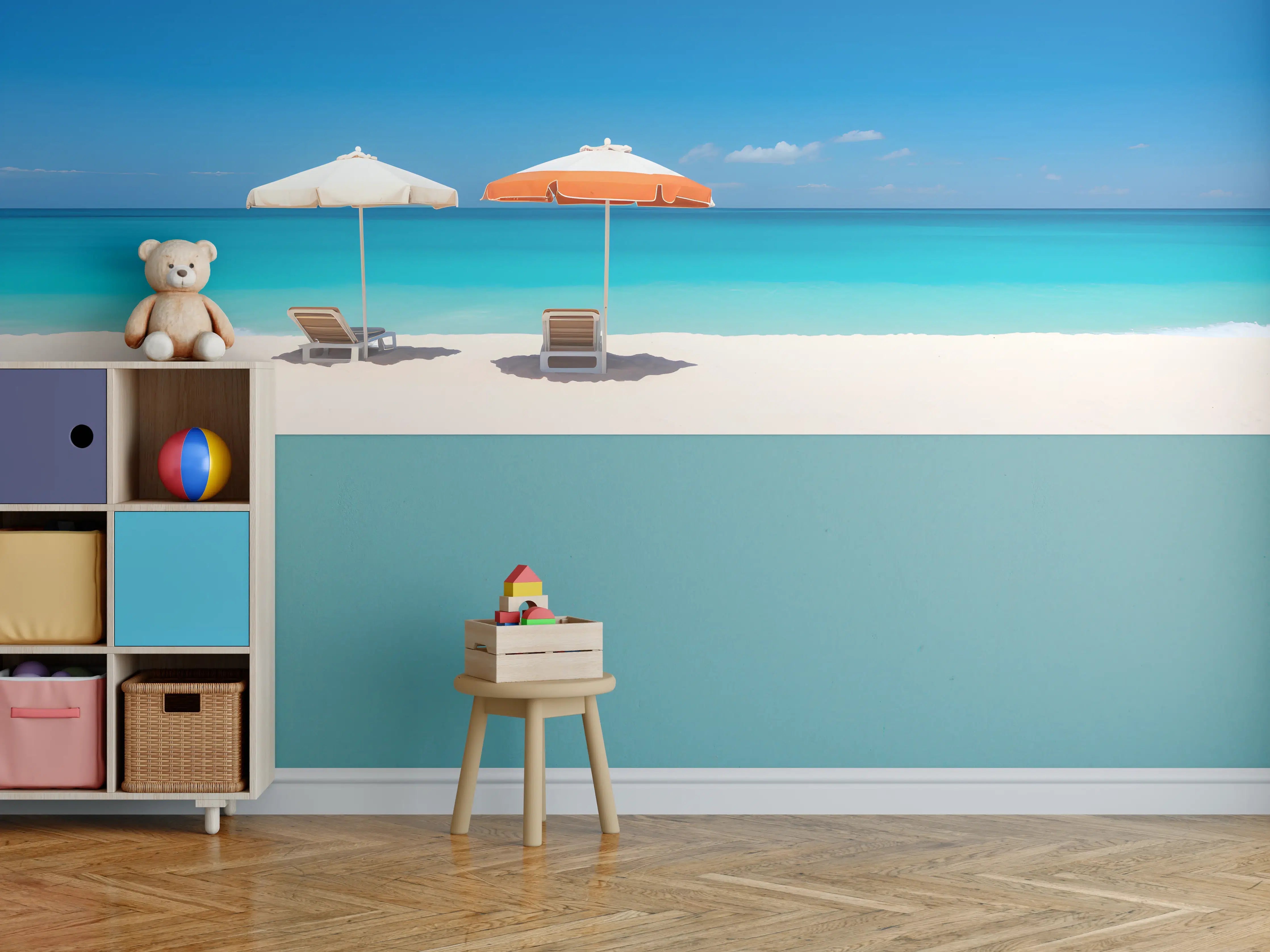 Kinderzimmer Wandgestaltung - Tropischer Strand mit Sonnenschirmen