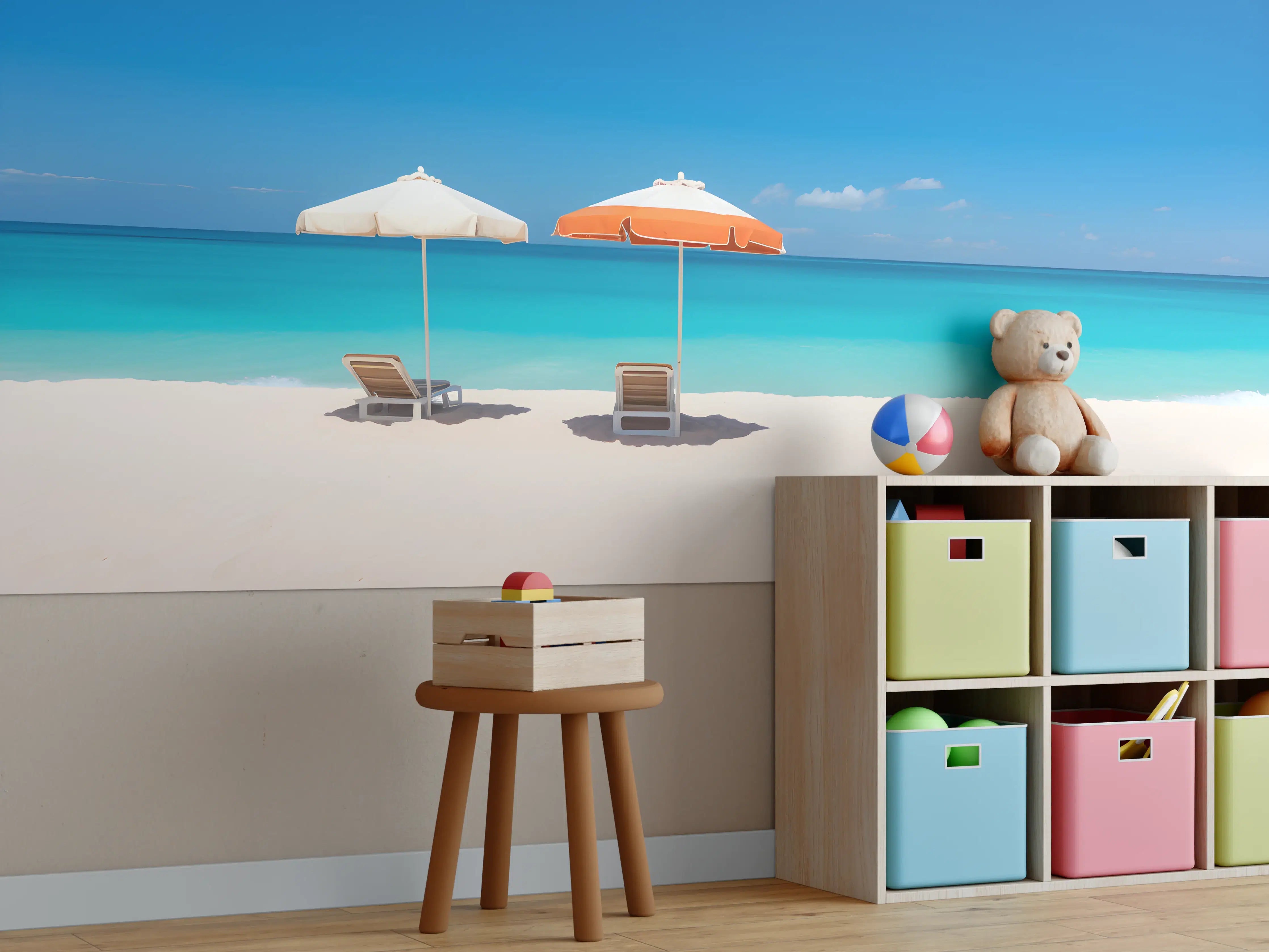 Kinderzimmer Wandgestaltung - Tropischer Strand mit Sonnenschirmen