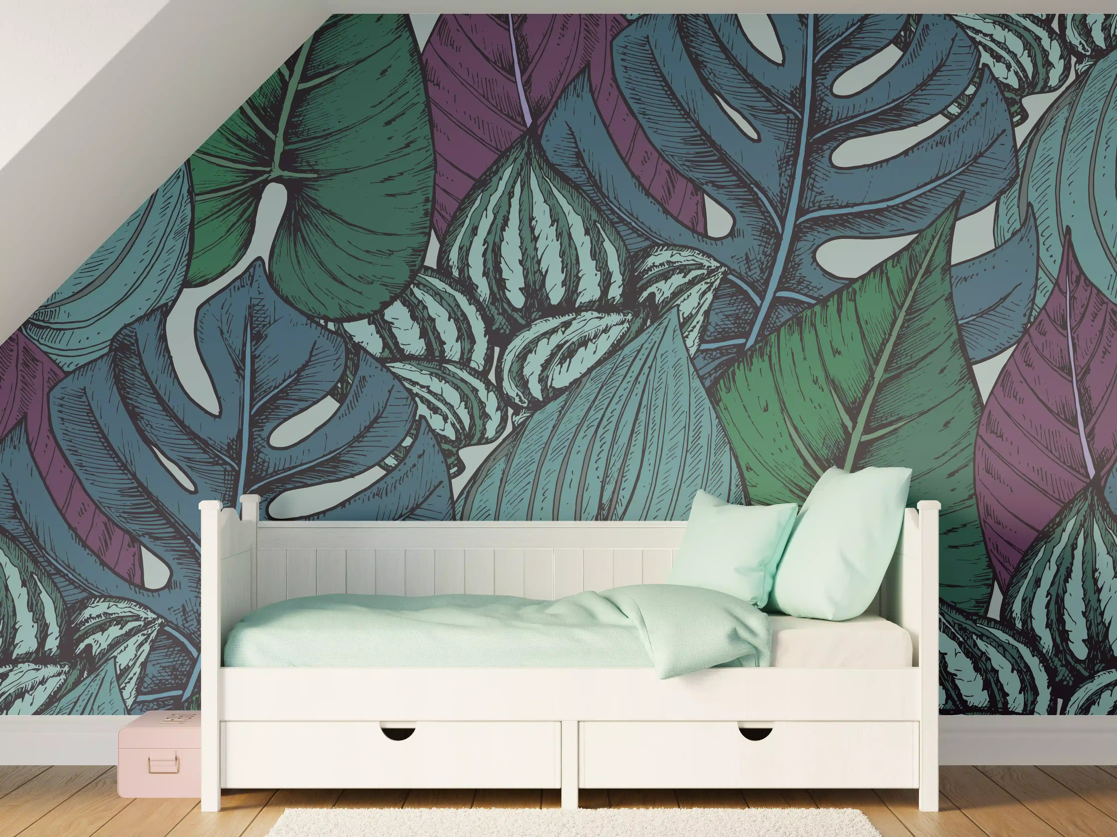 Kinderzimmer Wandgestaltung - Tropisches Blattmuster Türkis-Lila