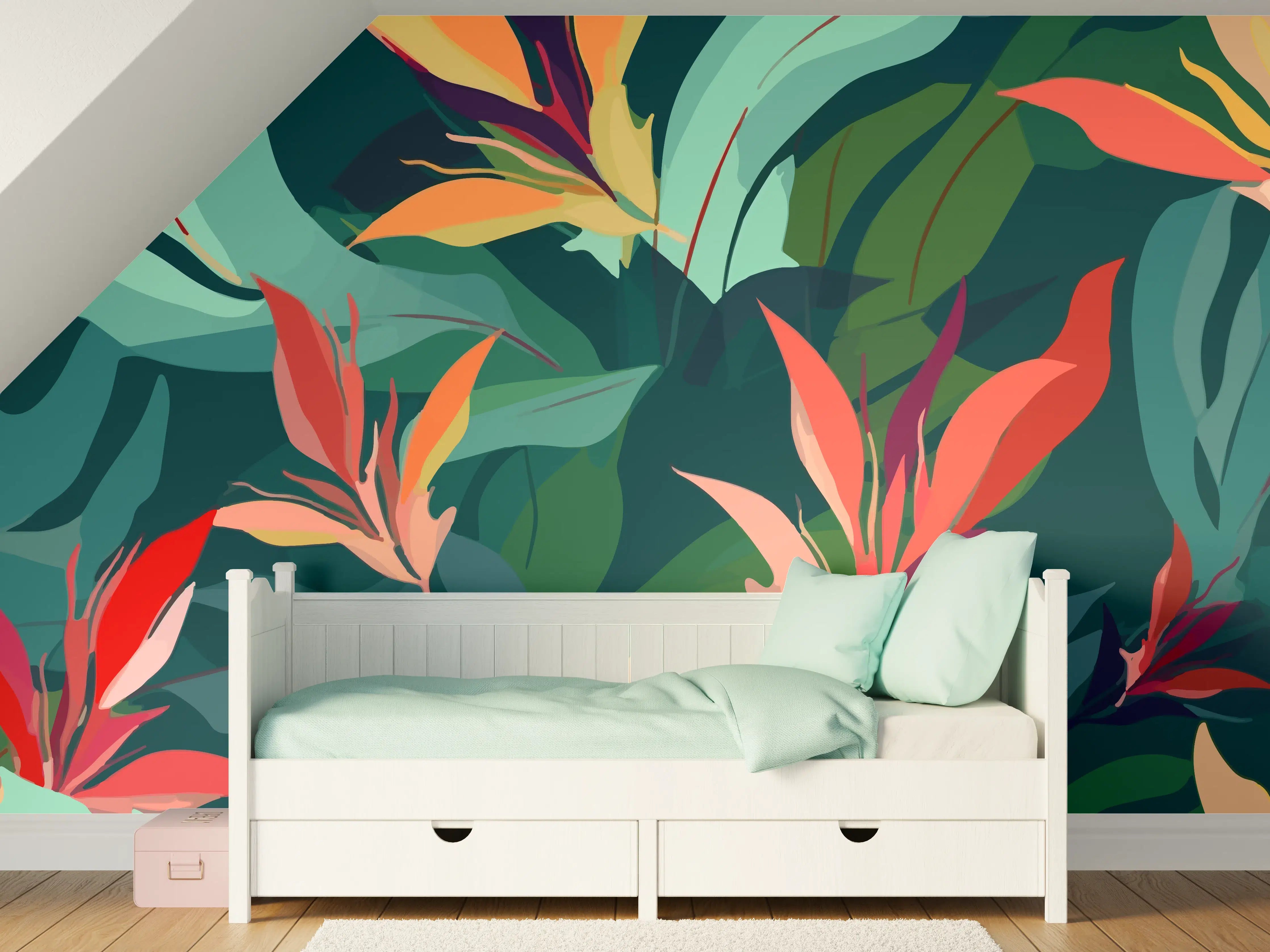 Kinderzimmer Wandgestaltung - Tropisches Blütenblattmuster Grün-Türkis