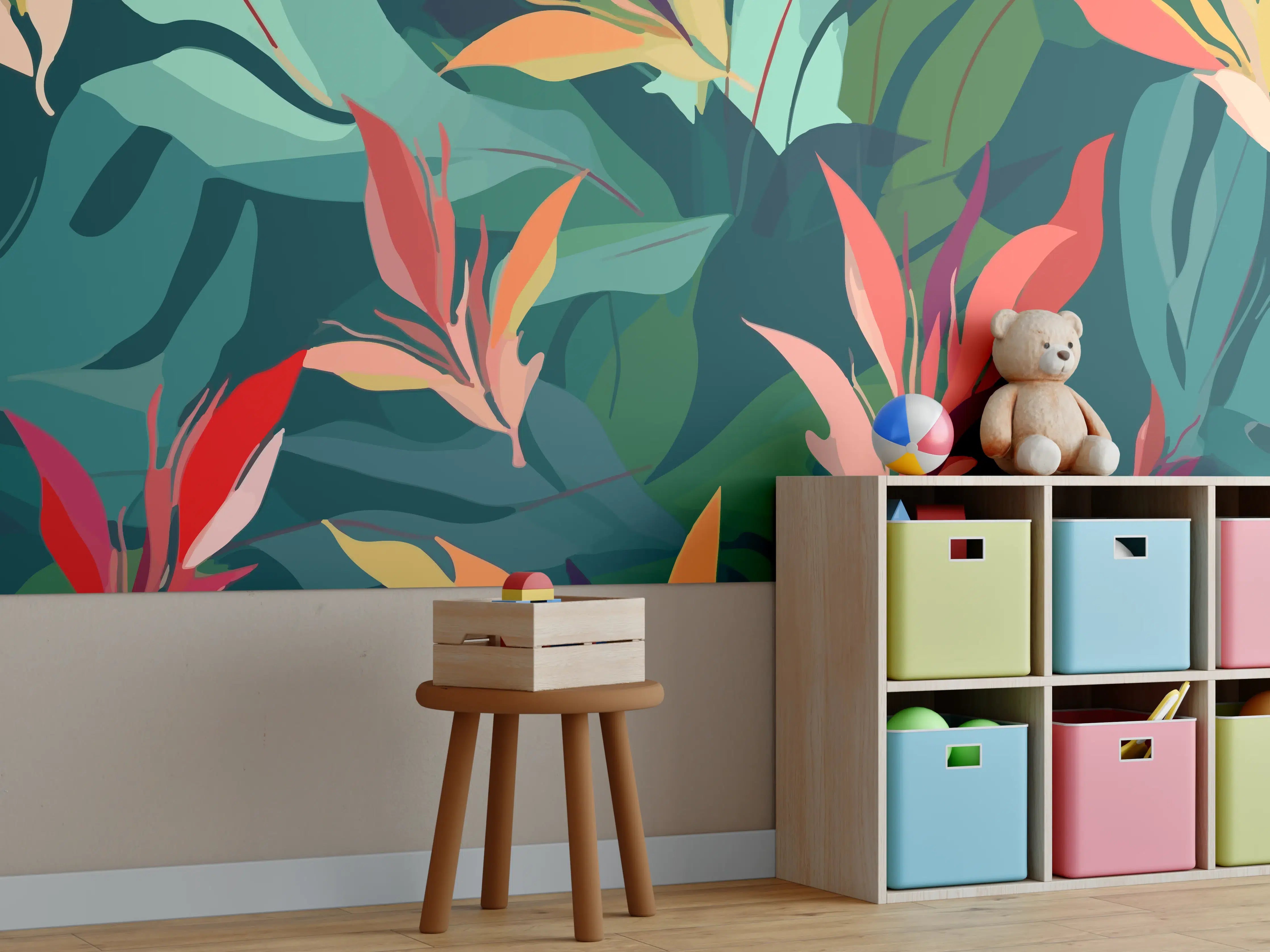 Kinderzimmer Wandgestaltung - Tropisches Blütenblattmuster Grün-Türkis