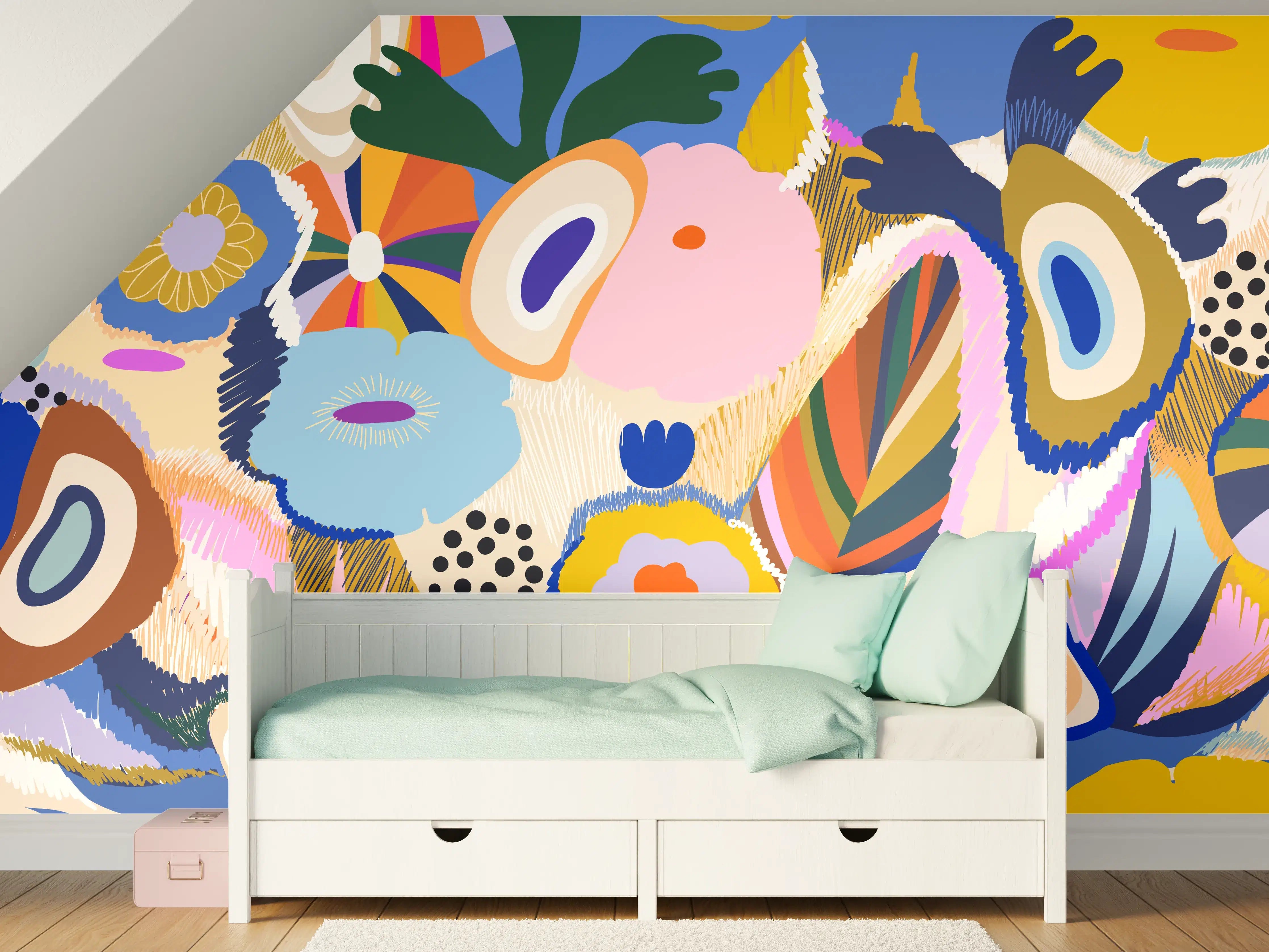 Kinderzimmer Wandgestaltung - Tropisches Blumen-Abstract Bunt