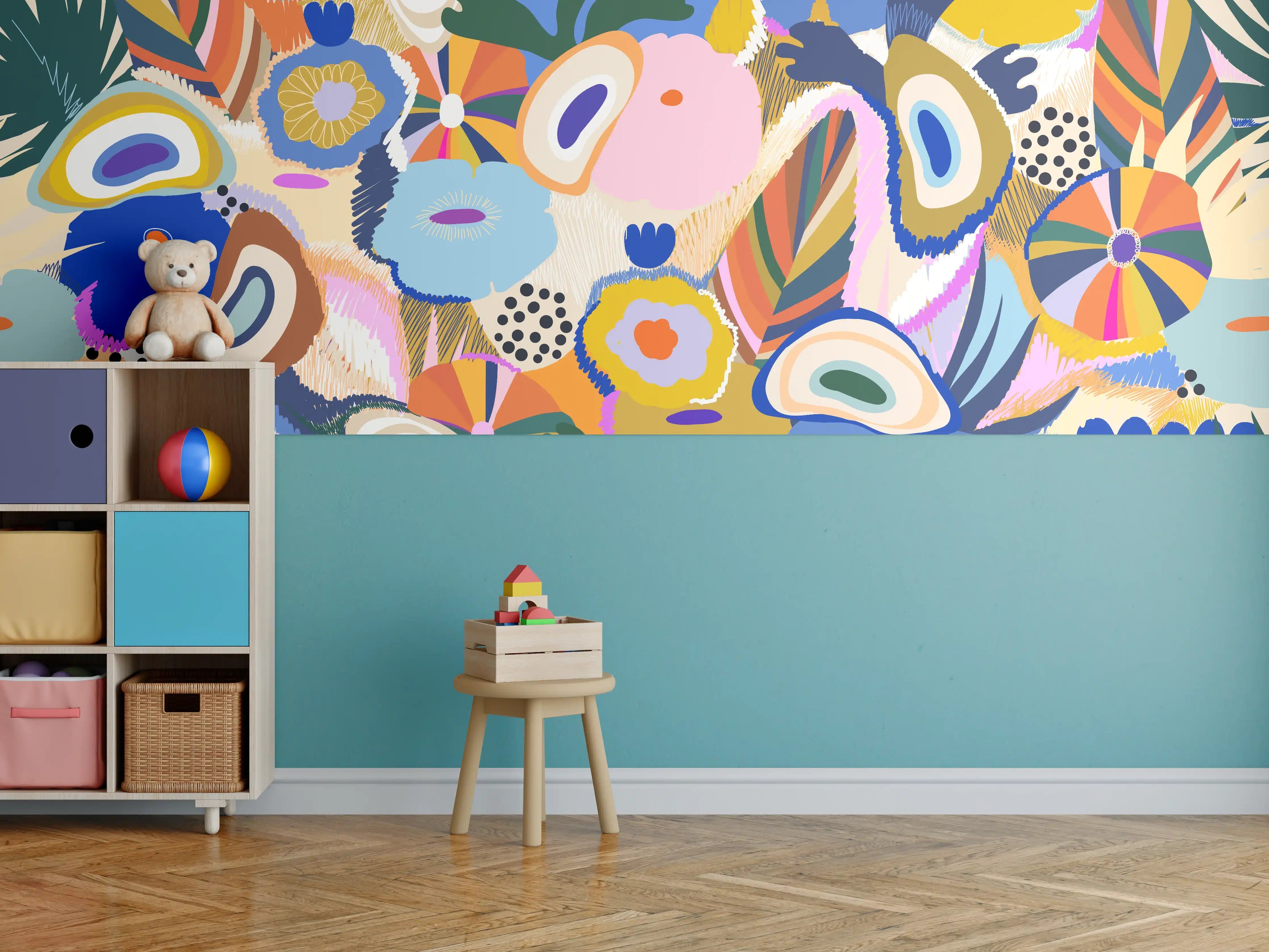 Kinderzimmer Wandgestaltung - Tropisches Blumen-Abstract Bunt