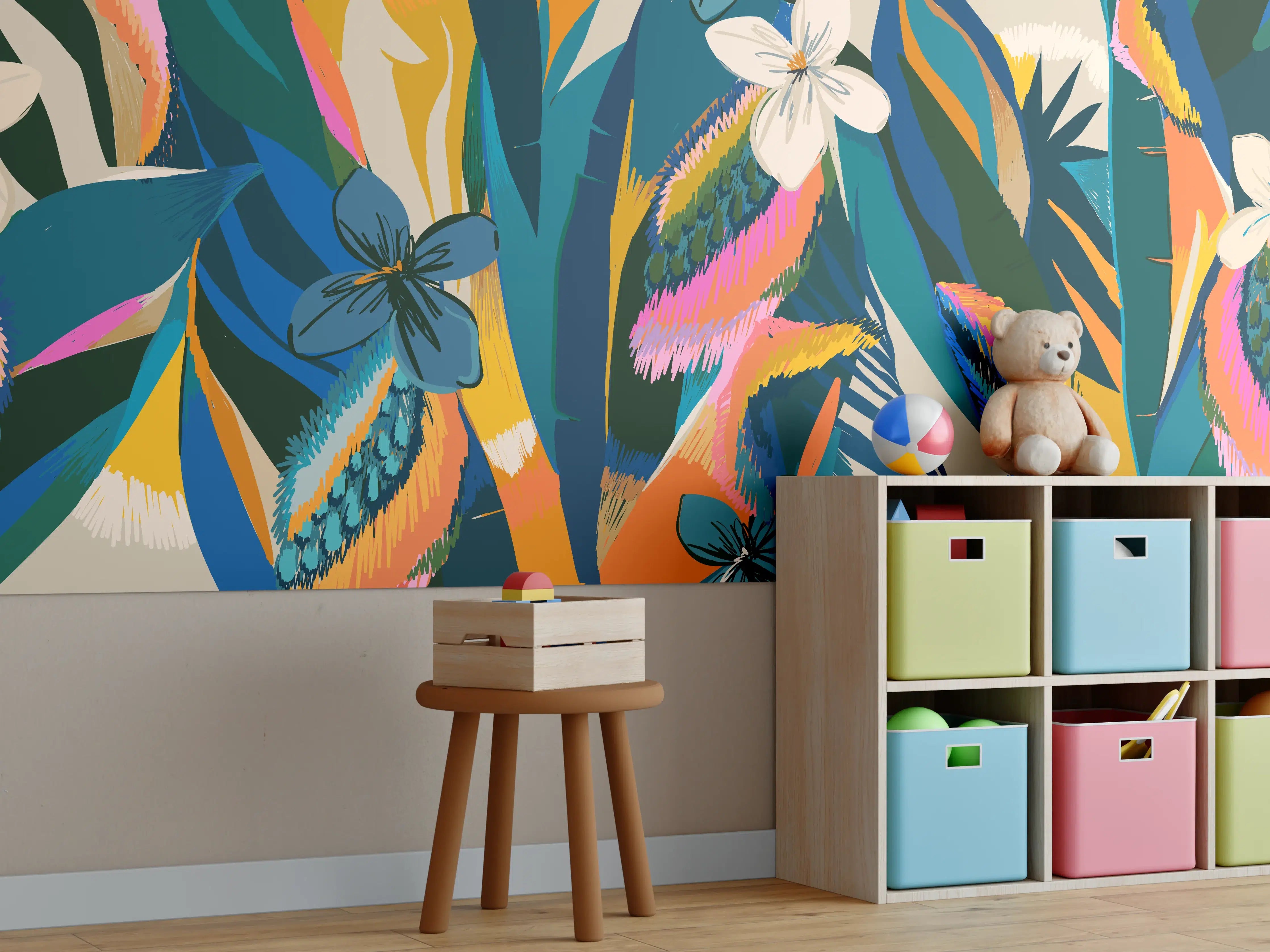 Kinderzimmer Wandgestaltung - Tropisches Blumenmuster Blau-Orange