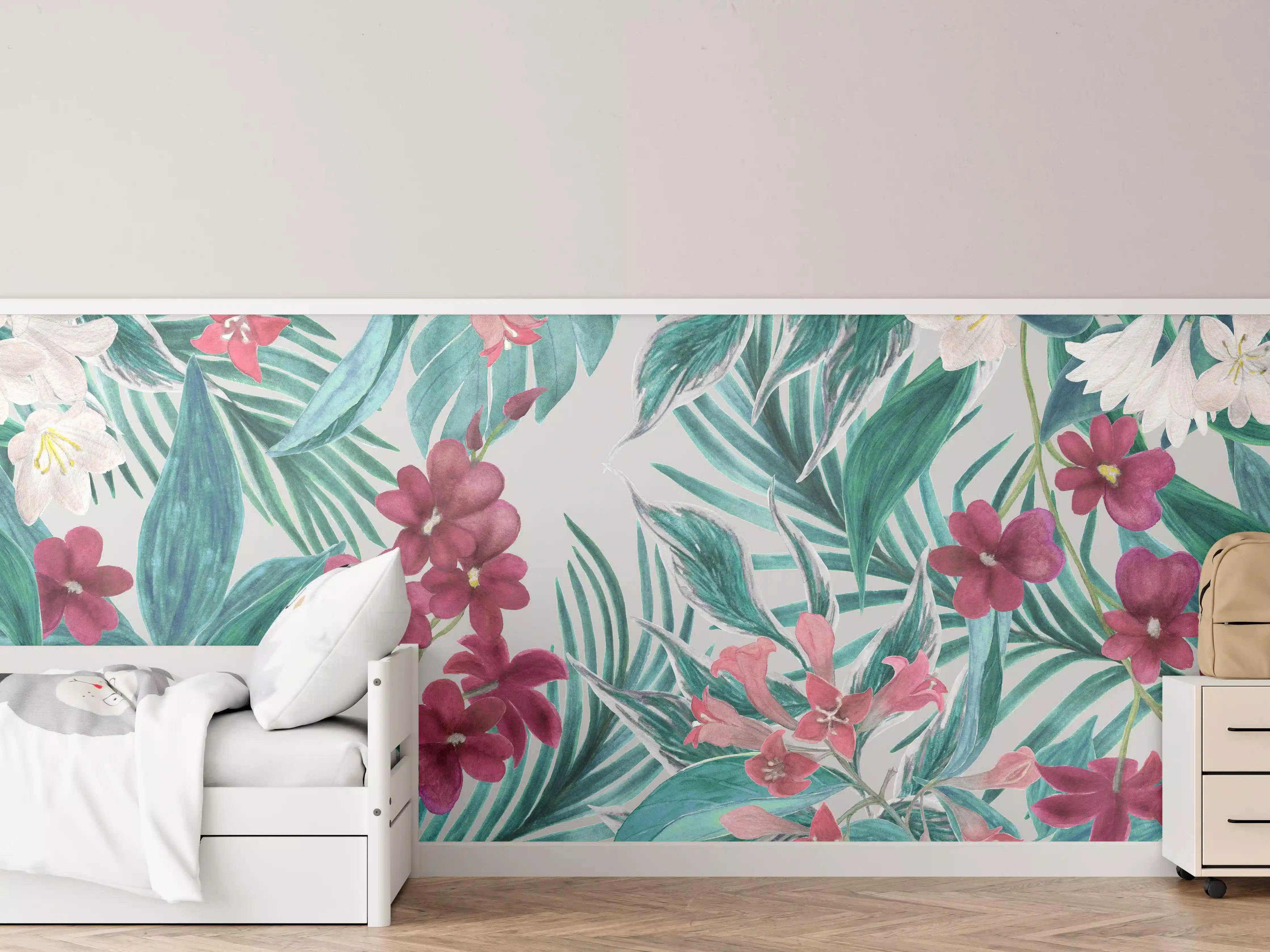 Kinderzimmer Wandgestaltung - Tropisches Blumenmuster Rosa-Grau