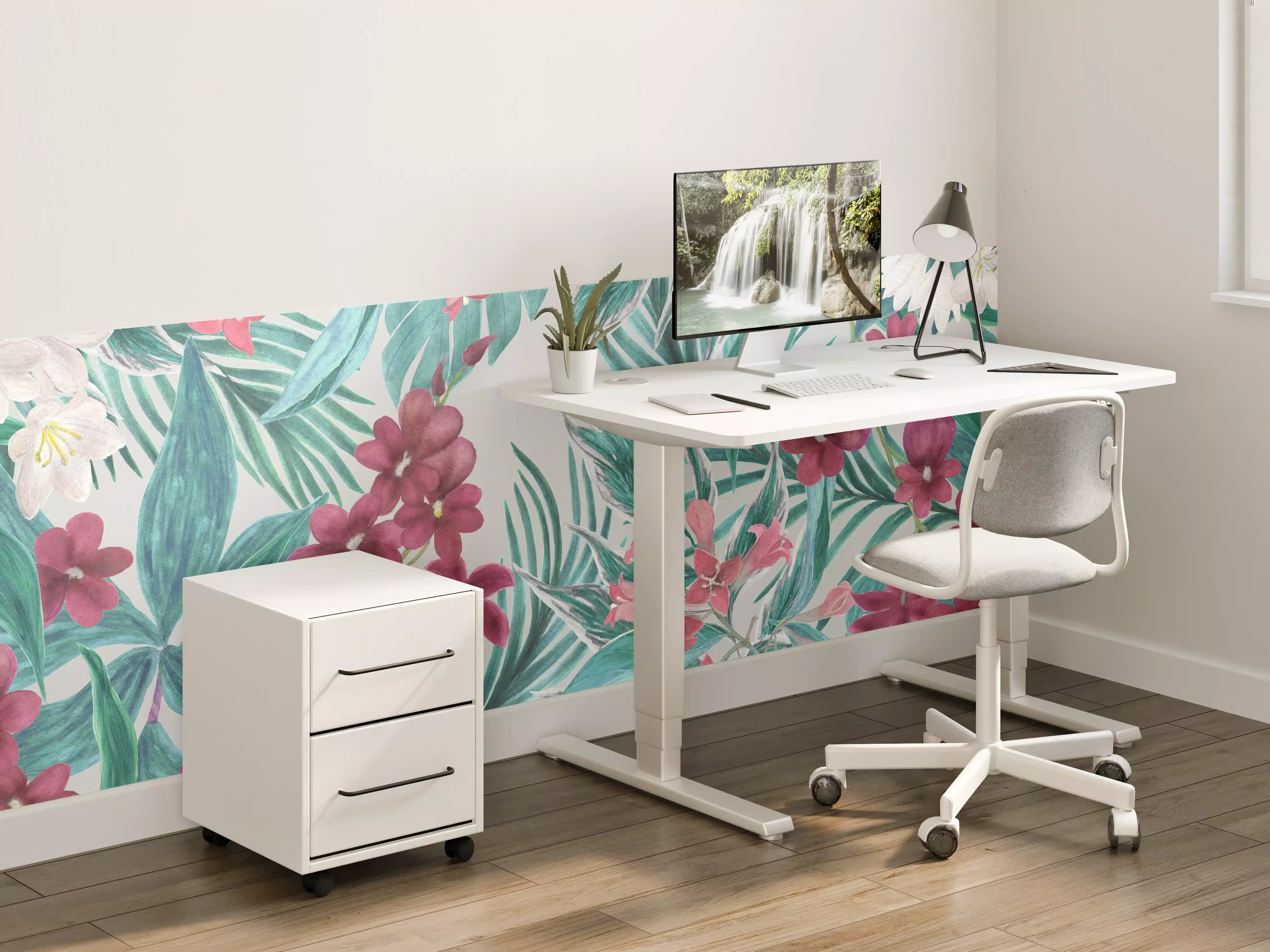 Kinderzimmer Wandgestaltung - Tropisches Blumenmuster Rosa-Grau