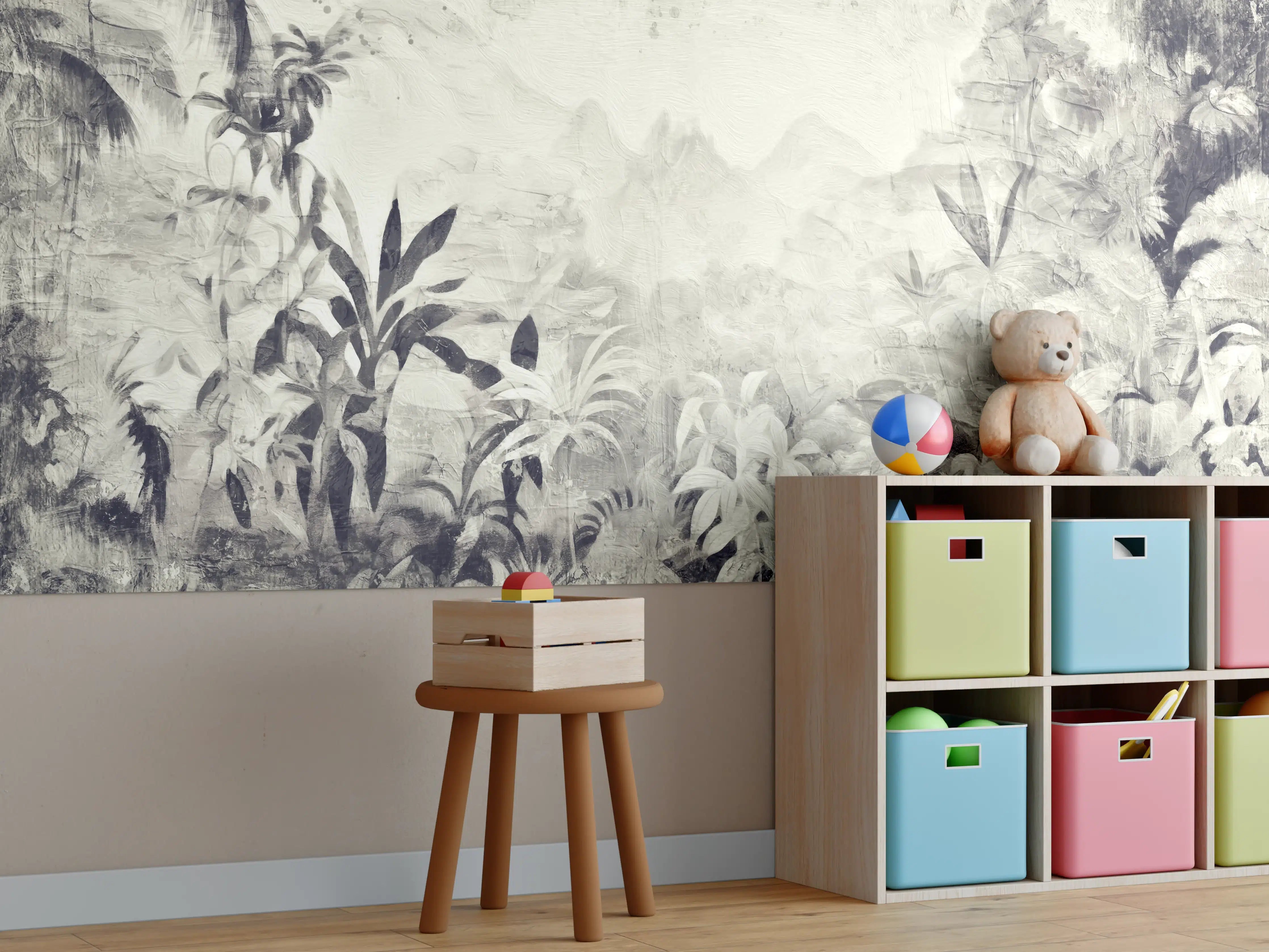 Kinderzimmer Wandgestaltung - Tropisches Dschungelpanorama in Grauweiß