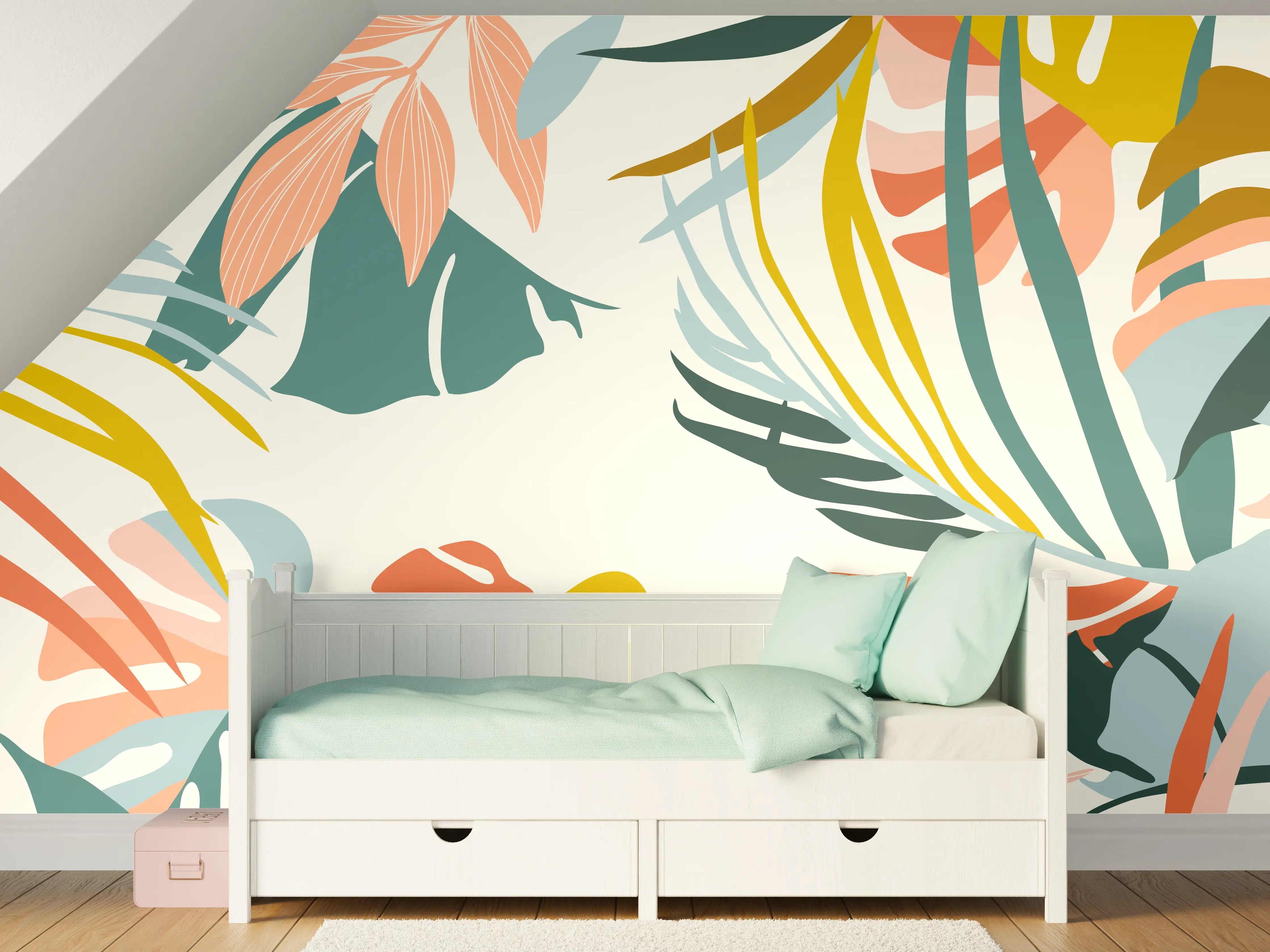 Kinderzimmer Wandgestaltung - Tropisches Pflanzenmuster Pastell