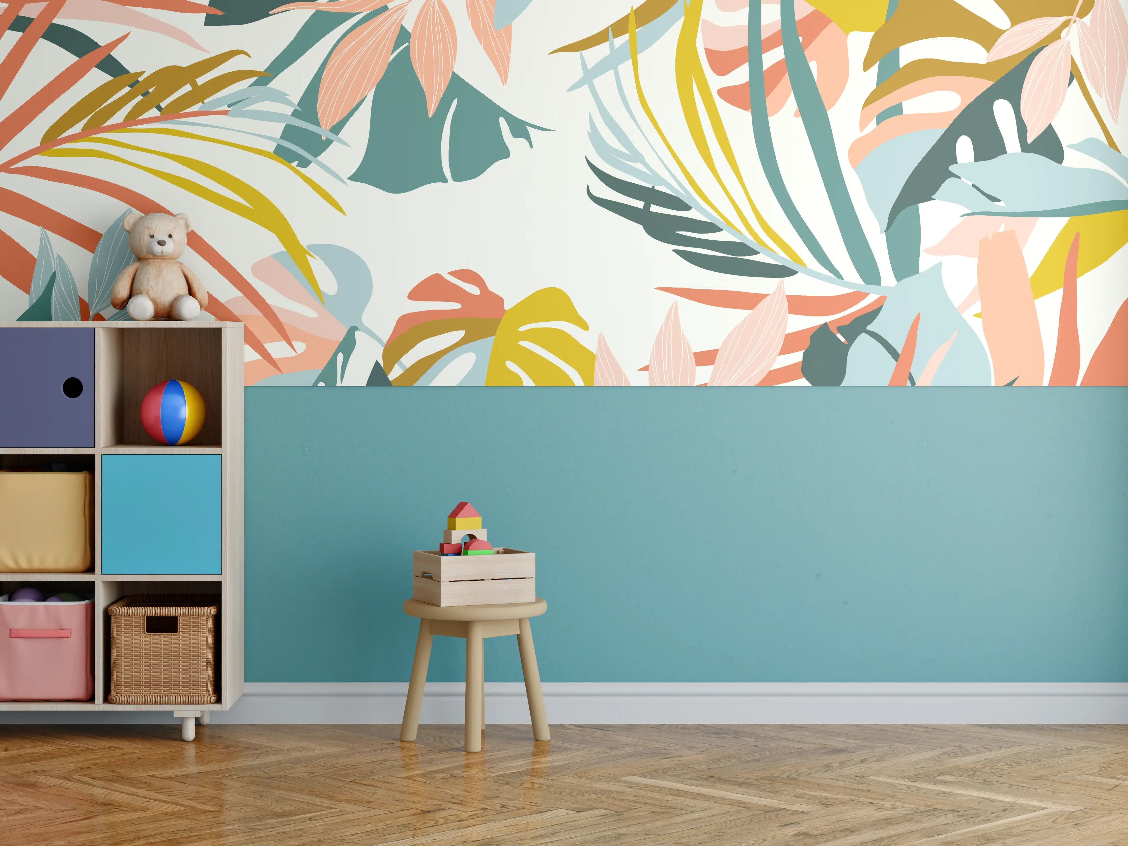 Kinderzimmer Wandgestaltung - Tropisches Pflanzenmuster Pastell