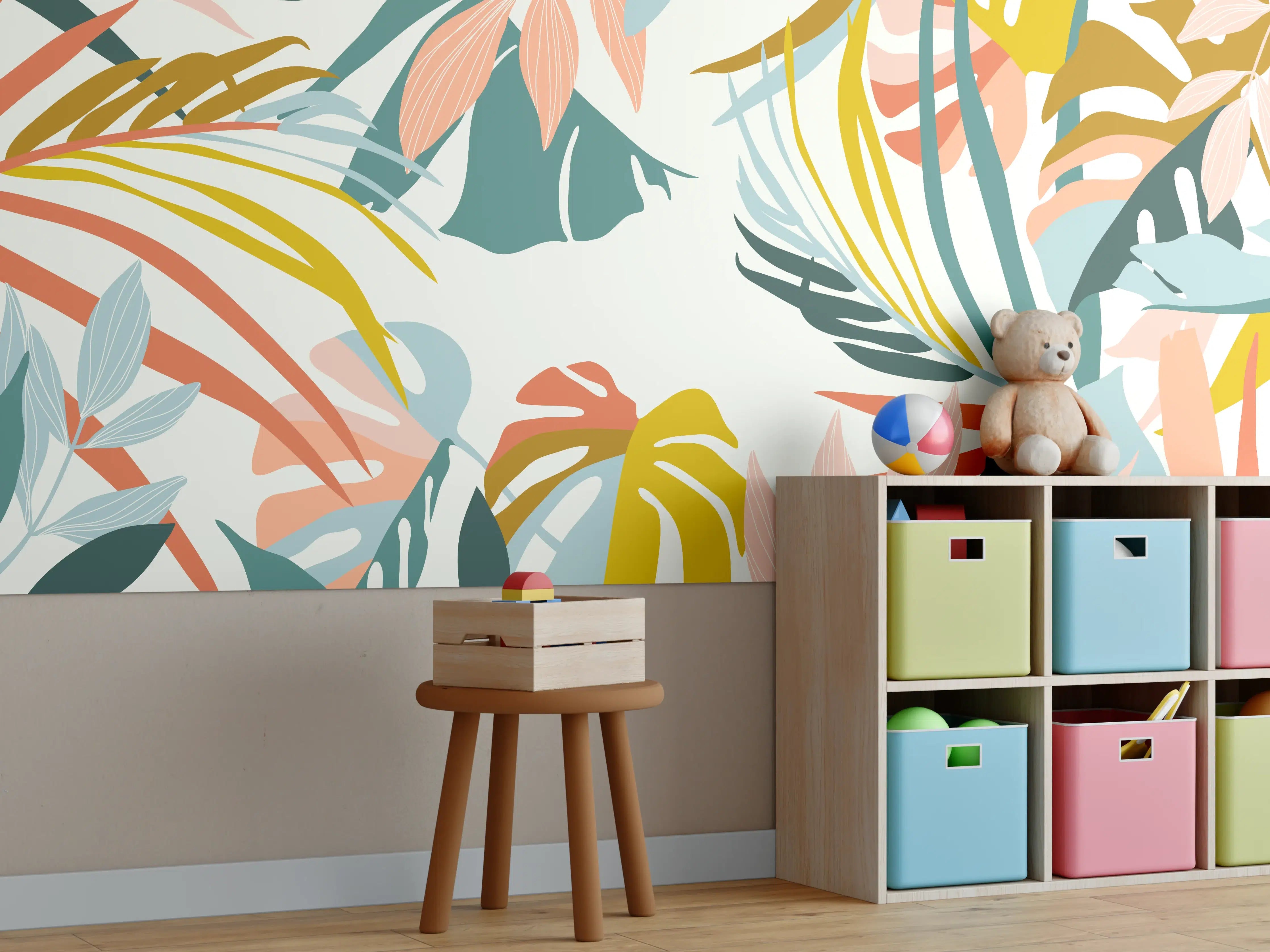 Kinderzimmer Wandgestaltung - Tropisches Pflanzenmuster Pastell
