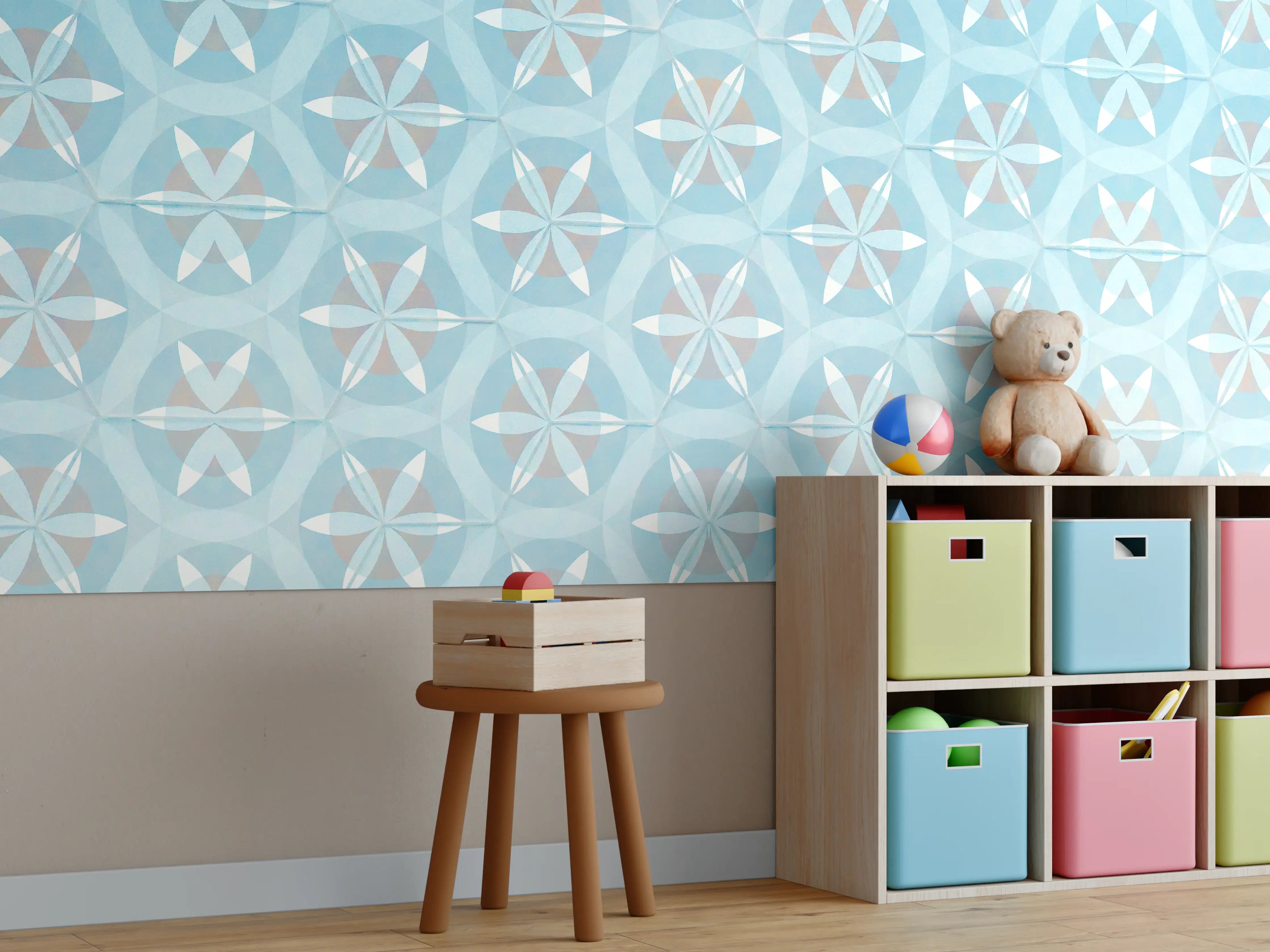 Kinderzimmer Wandgestaltung - Türkis-Braun Vintage geometrisch Mosaik