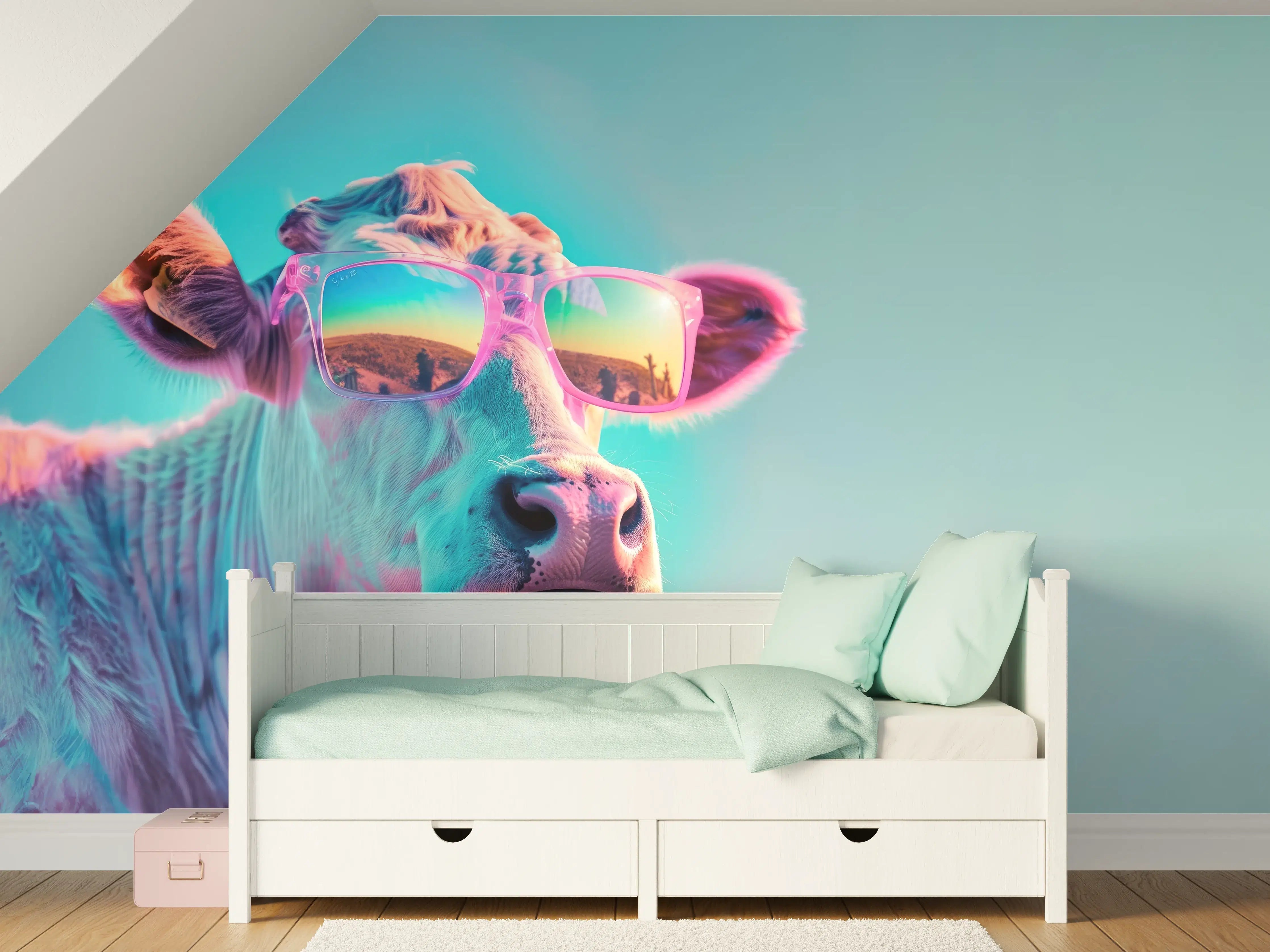 Kinderzimmer Wandgestaltung - Türkis-Pastell-Kuh mit Sonnenbrille