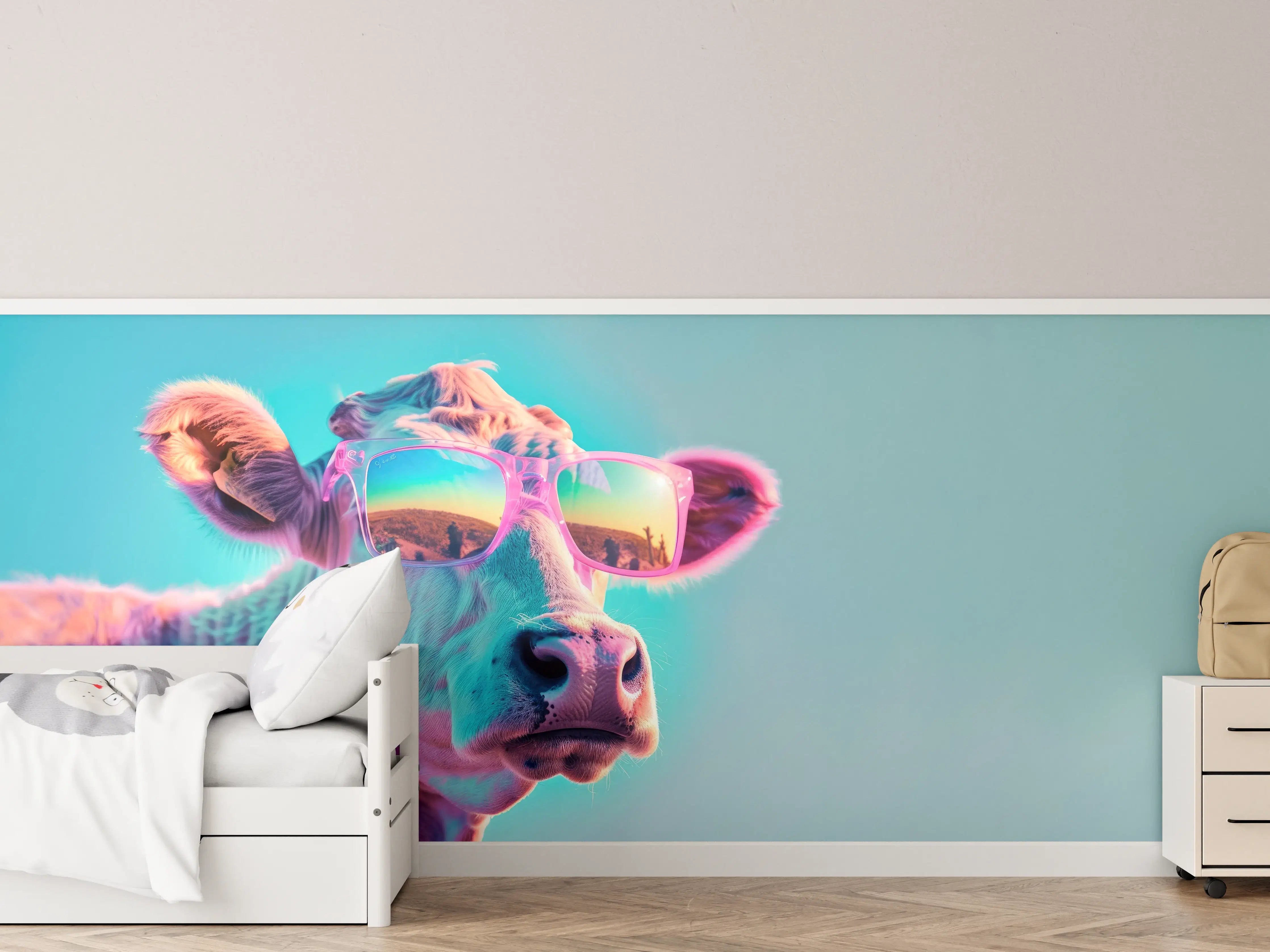 Kinderzimmer Wandgestaltung - Türkis-Pastell-Kuh mit Sonnenbrille