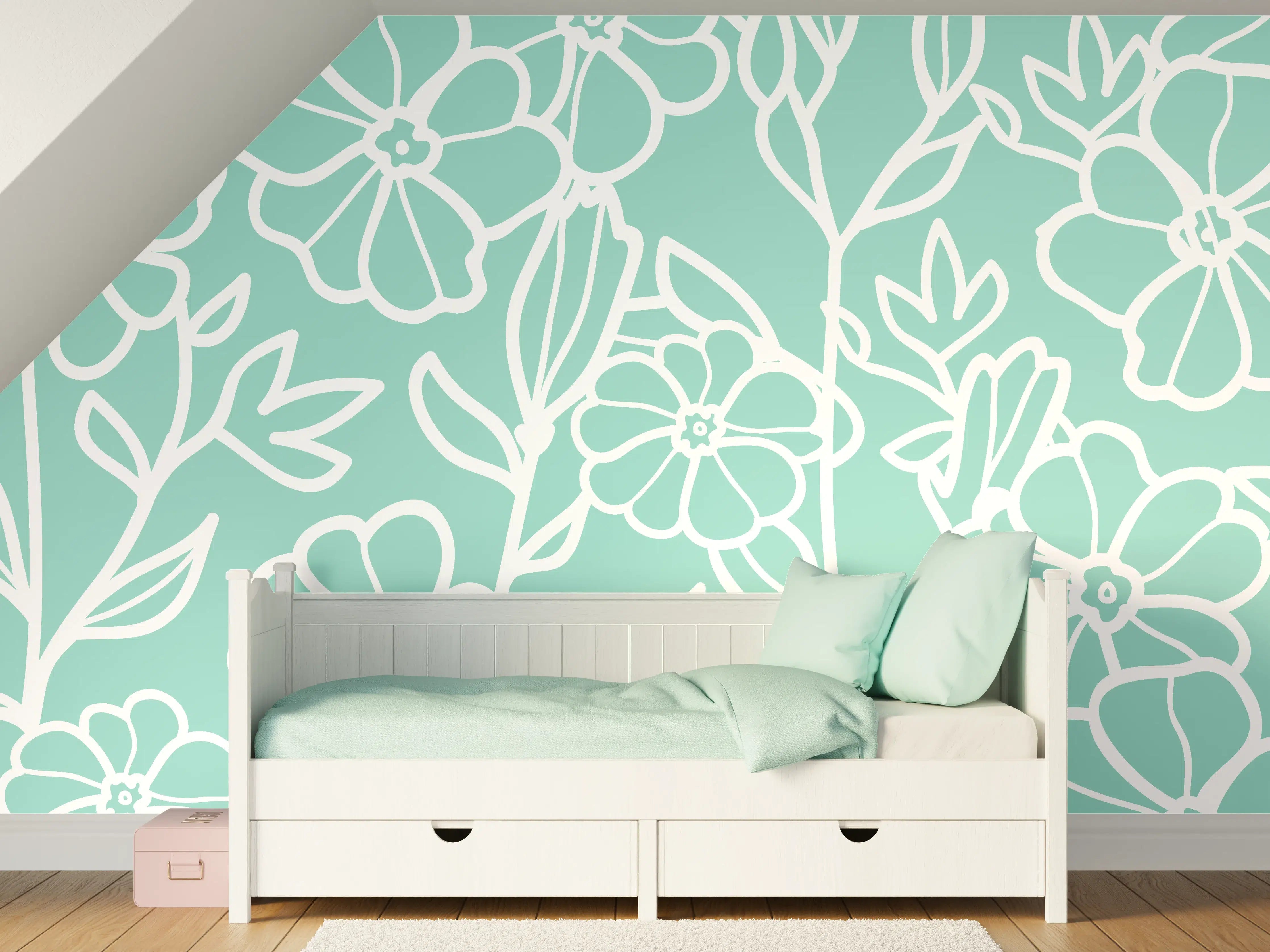 Kinderzimmer Wandgestaltung - Türkis-Weißes Blumenmuster