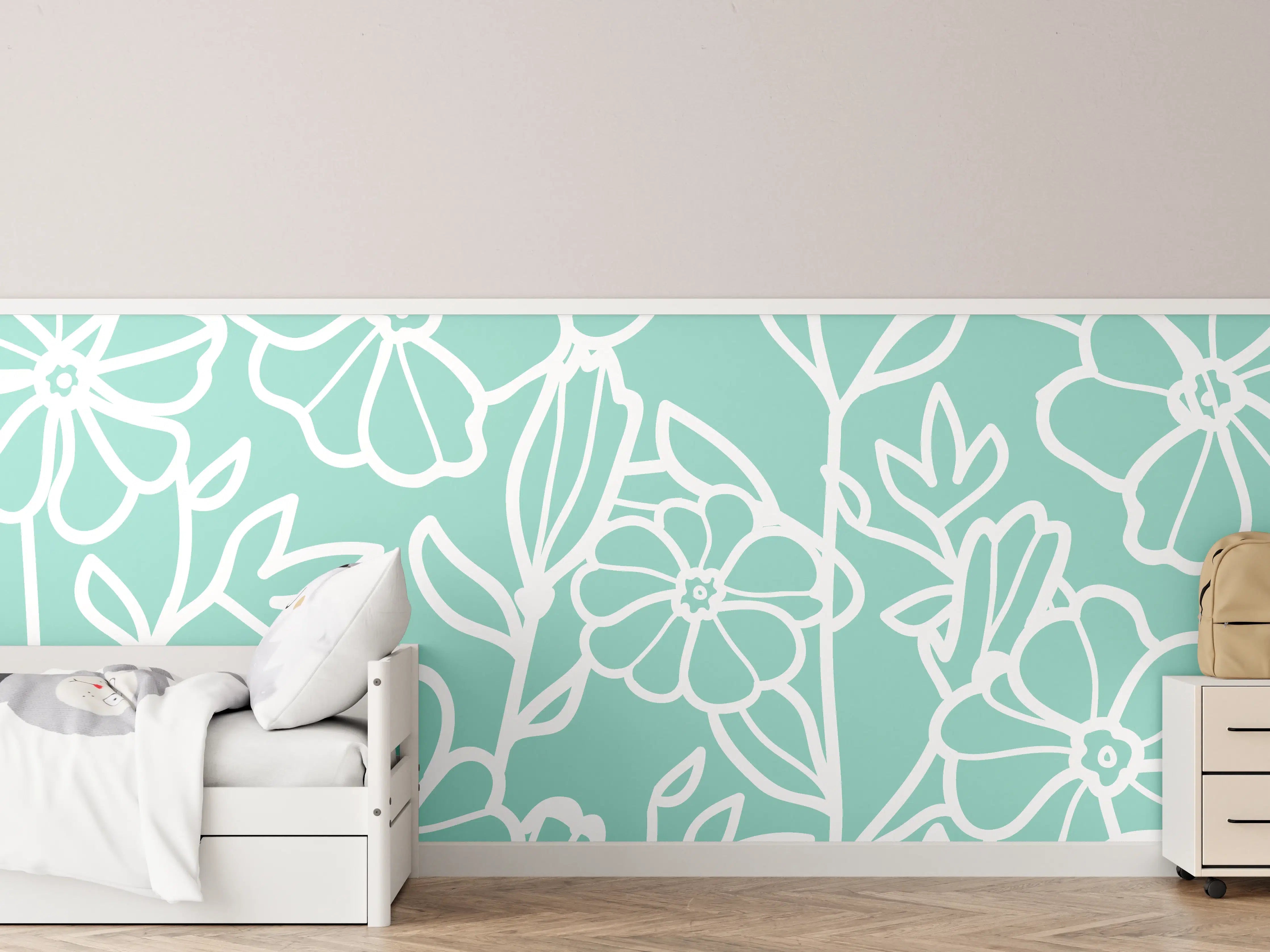 Kinderzimmer Wandgestaltung - Türkis-Weißes Blumenmuster