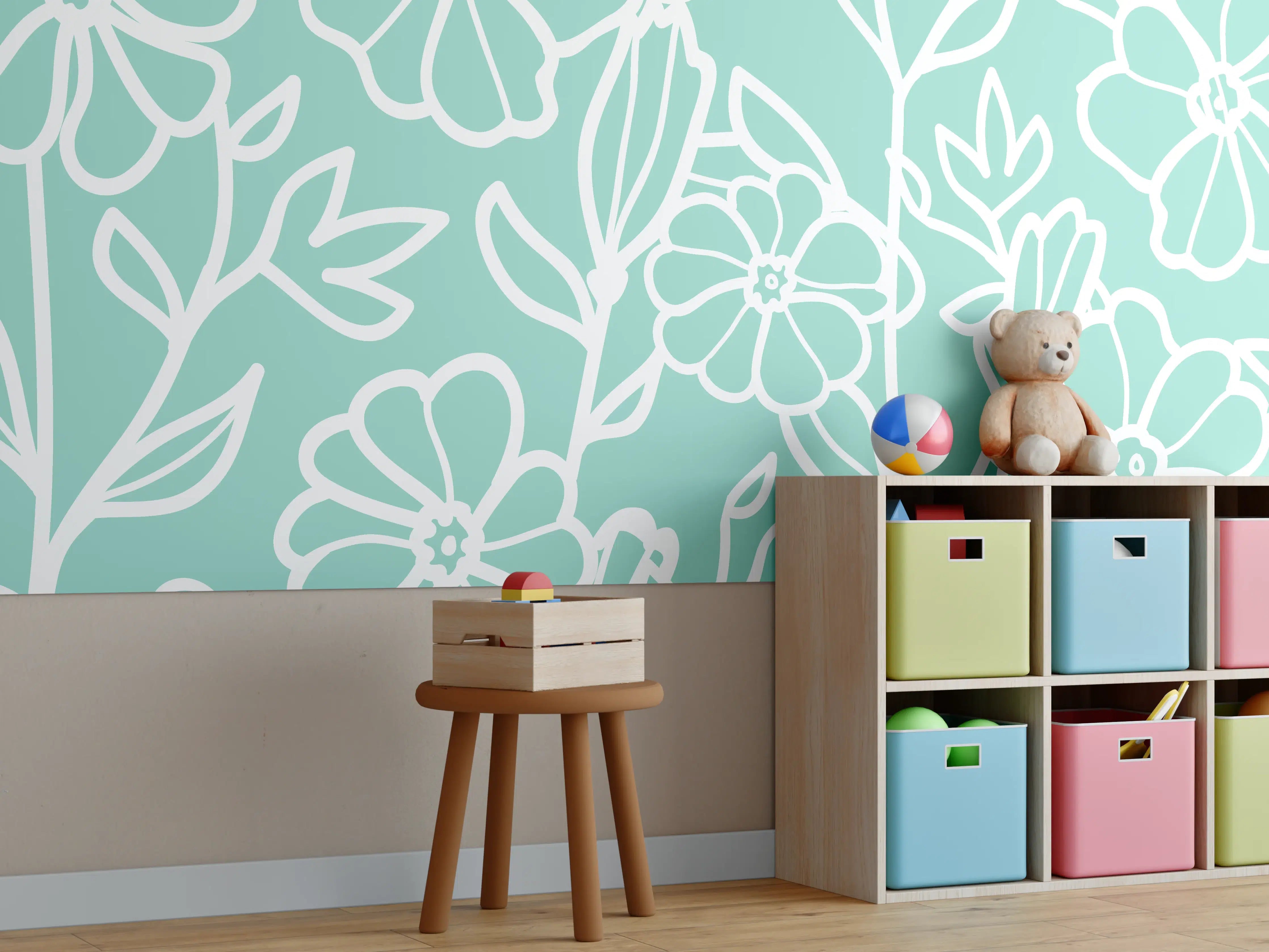 Kinderzimmer Wandgestaltung - Türkis-Weißes Blumenmuster