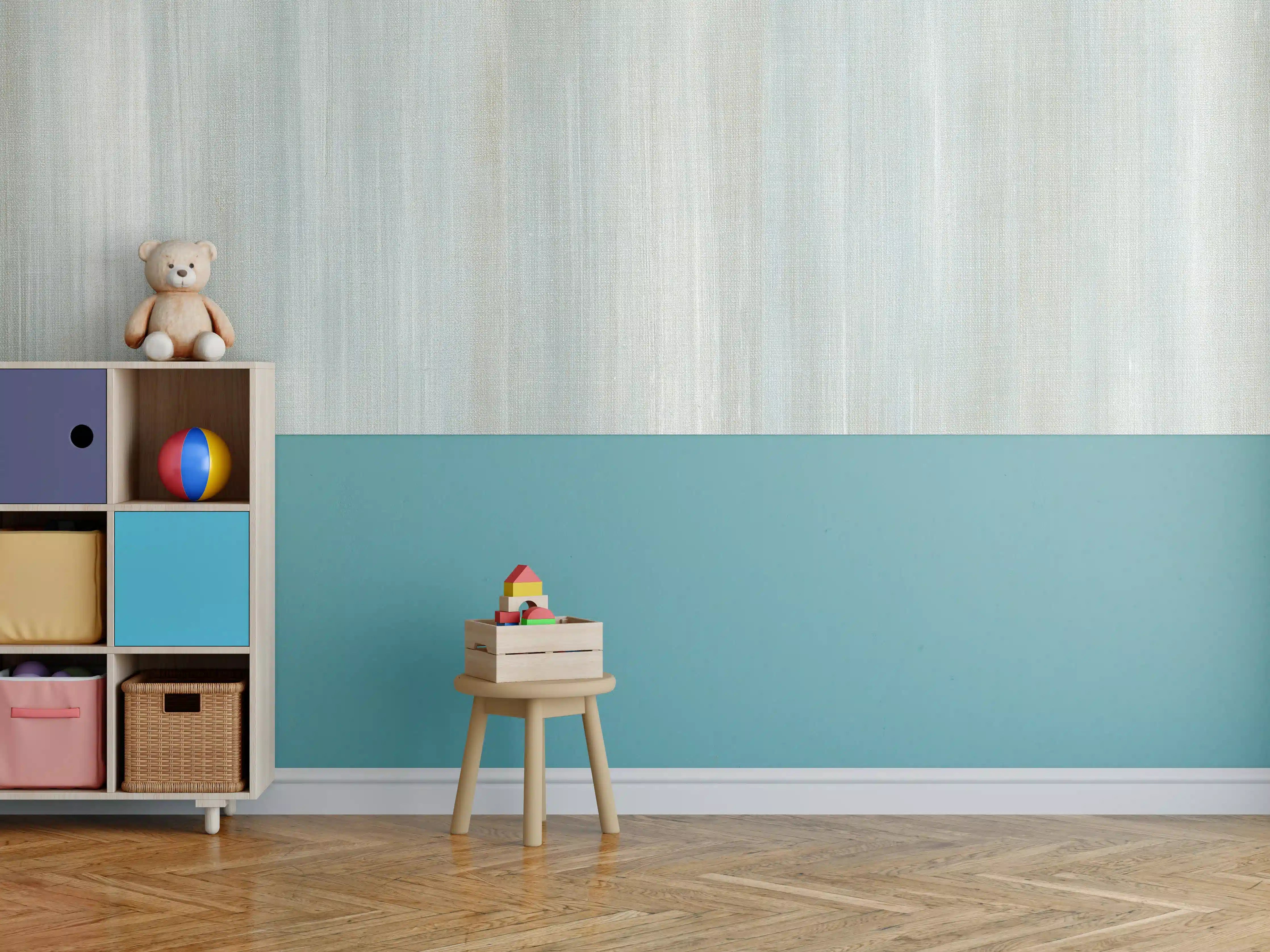 Kinderzimmer Wandgestaltung - Türkis gräulicher Struktur-Tapete 