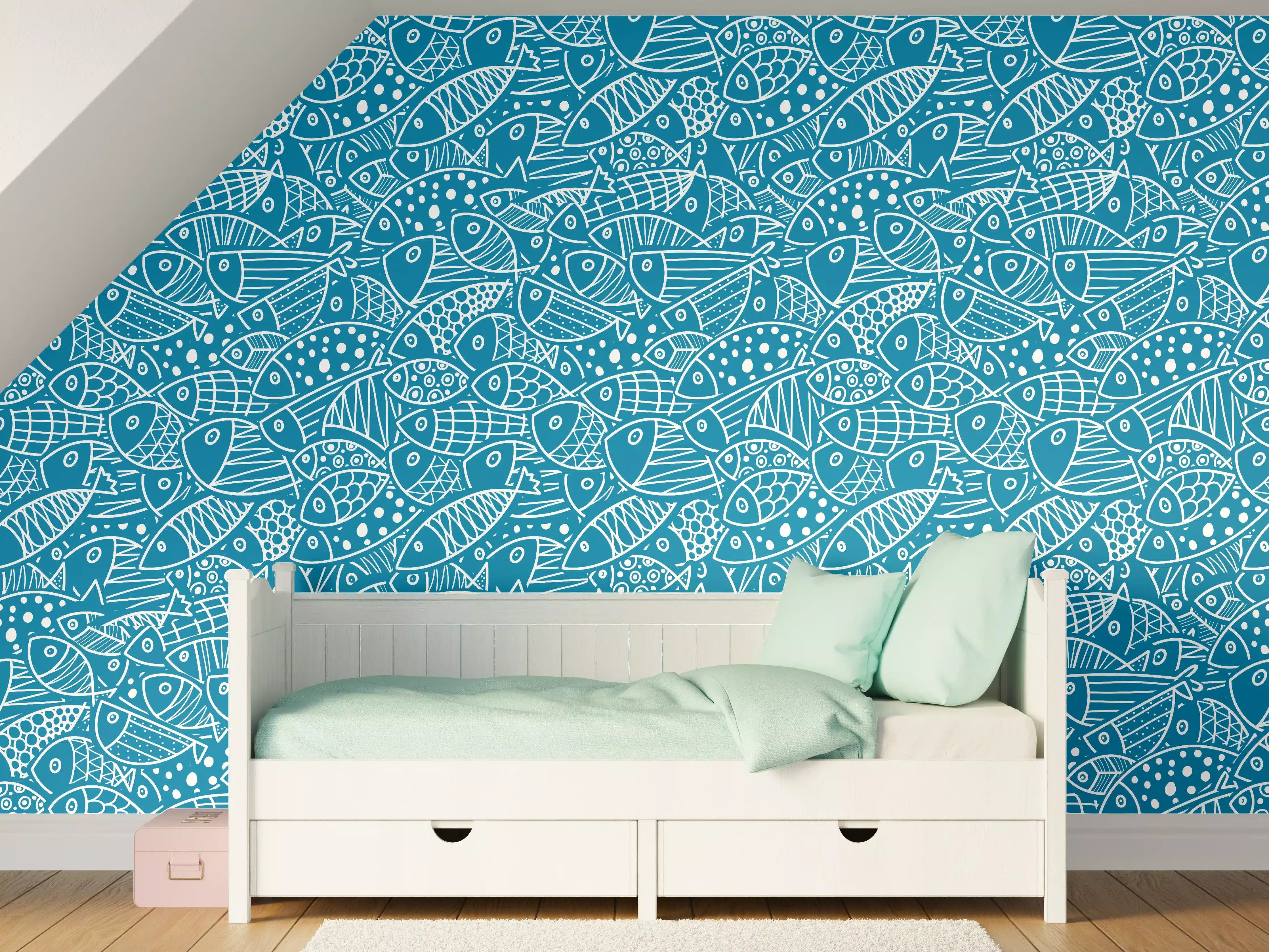 Kinderzimmer Wandgestaltung - Türkis‑Weißes Fischmuster
