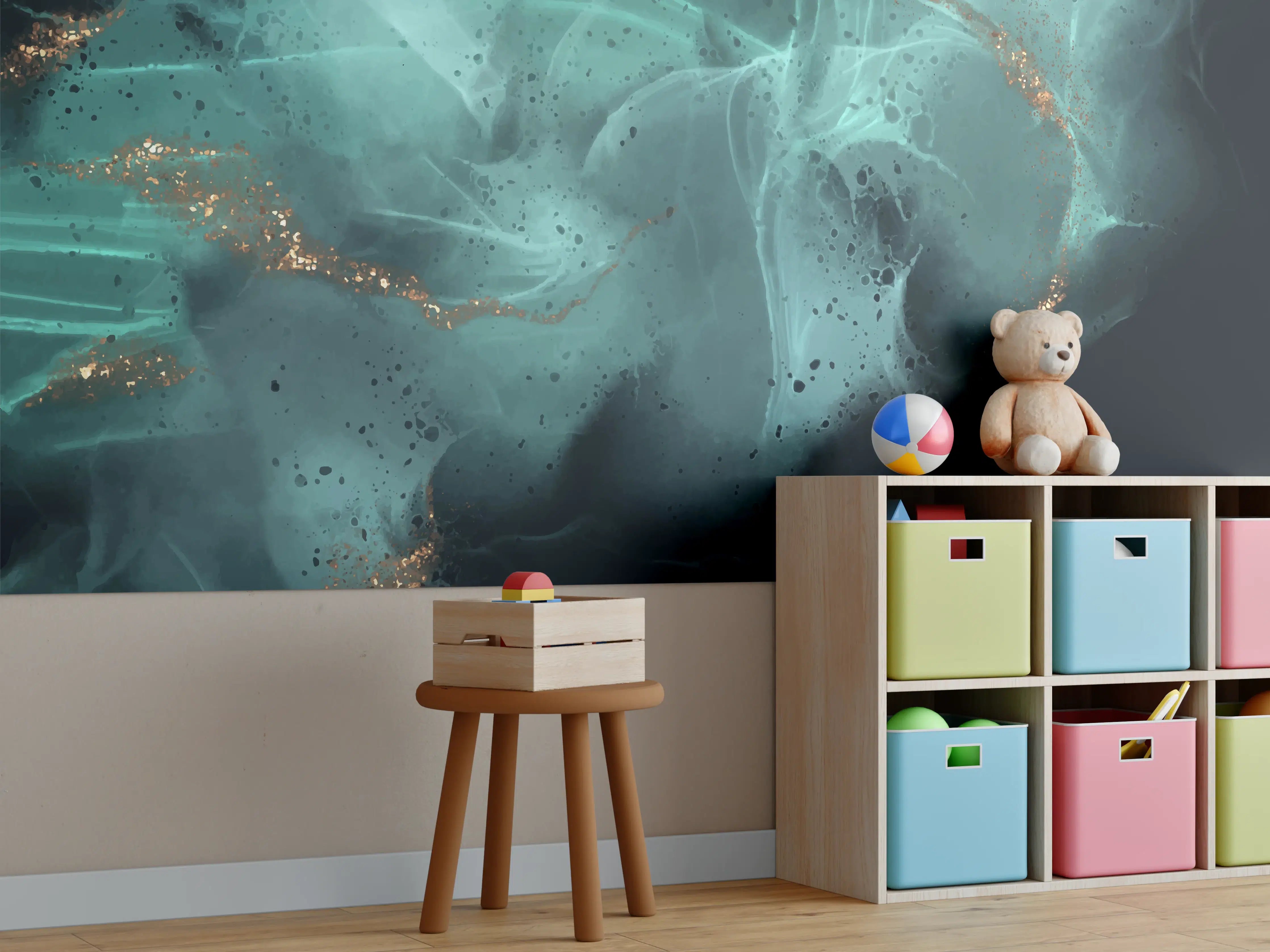 Kinderzimmer Wandgestaltung - Türkisfarbene Tintenkunst mit Gold