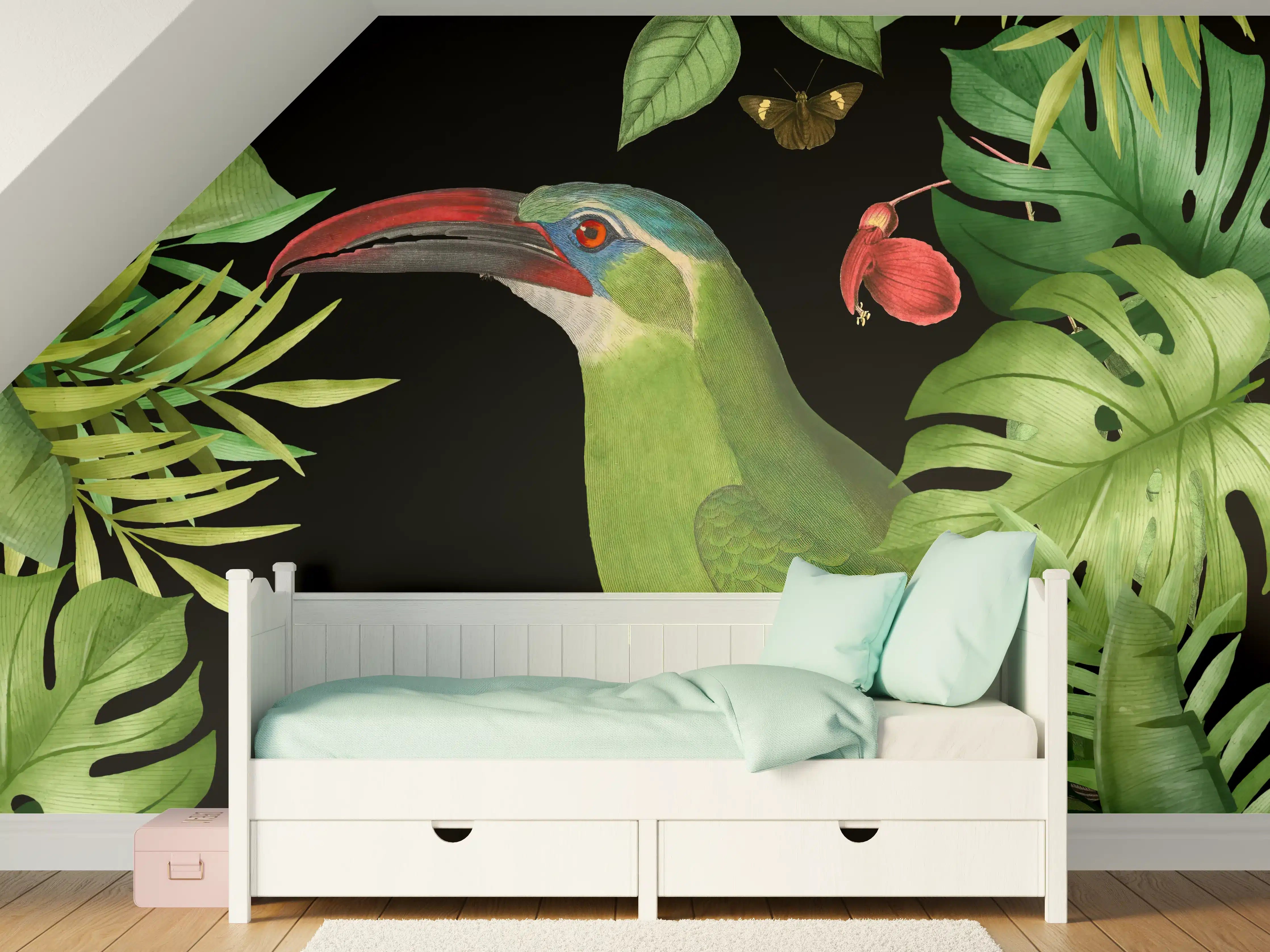 Kinderzimmer Wandgestaltung - Tukan Malerei - Tropische Blätter
