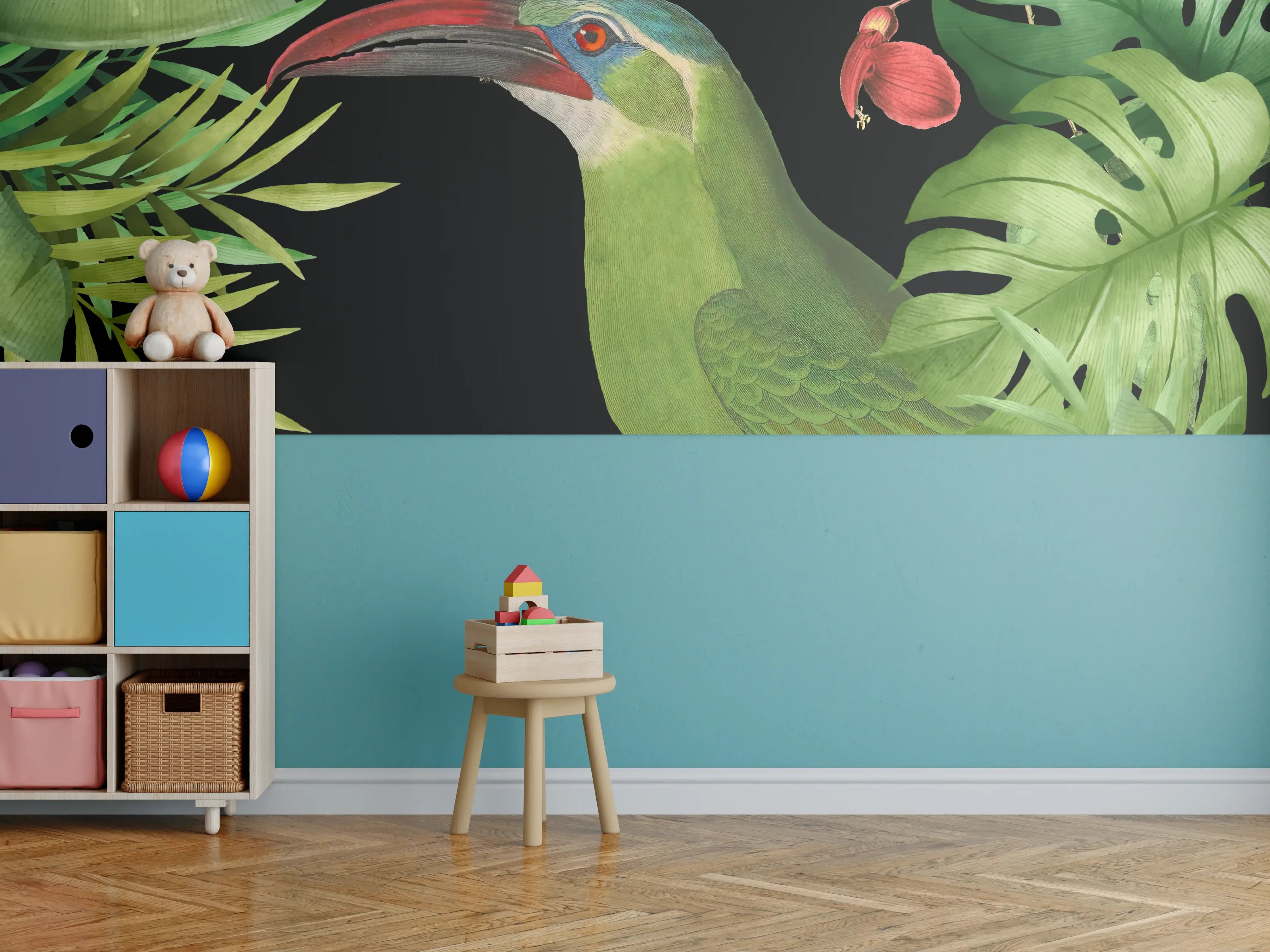 Kinderzimmer Wandgestaltung - Tukan Malerei - Tropische Blätter