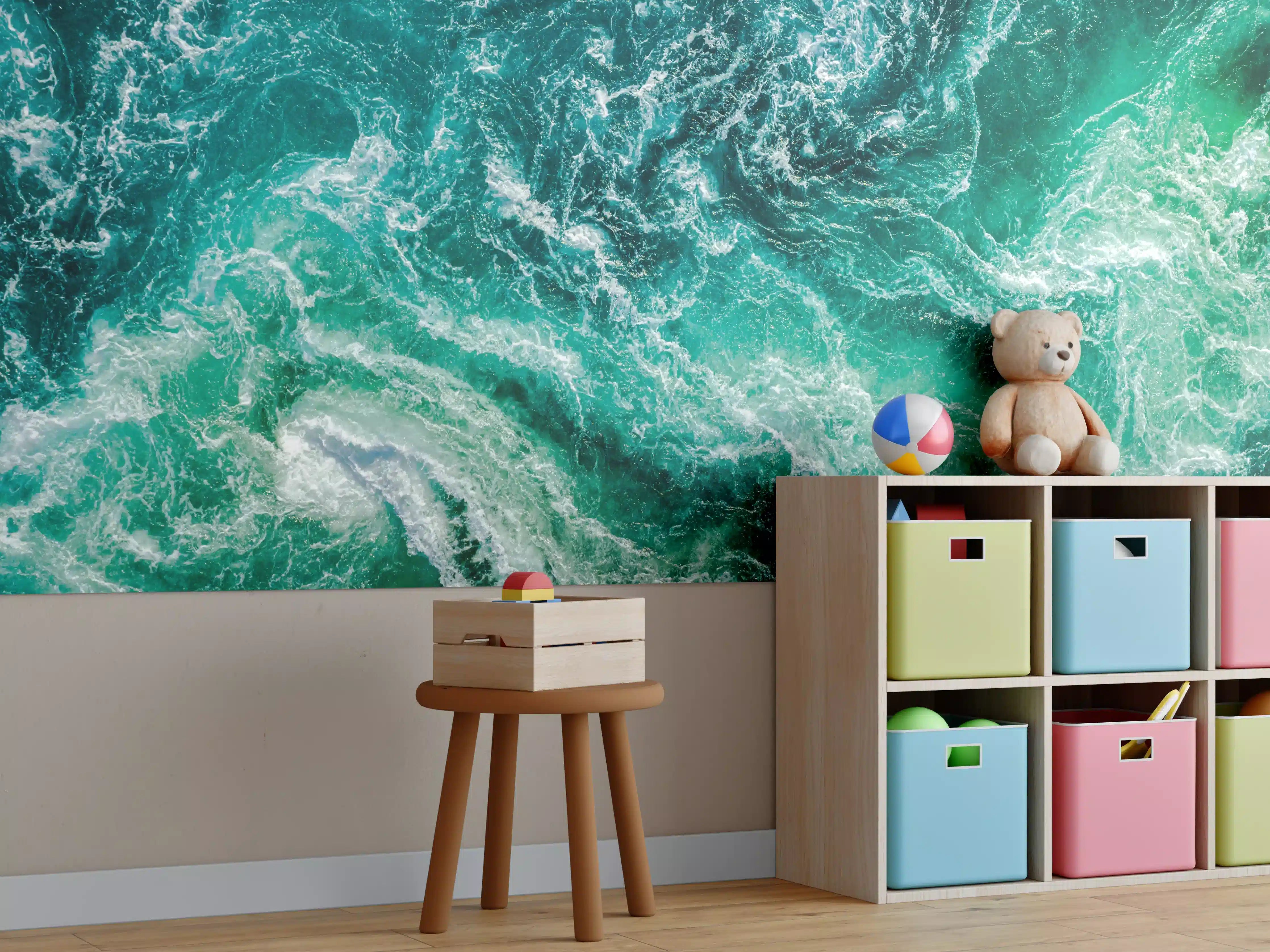 Kinderzimmer Wandgestaltung - Turbulente Wasserbewegung in aquamarin und Grün