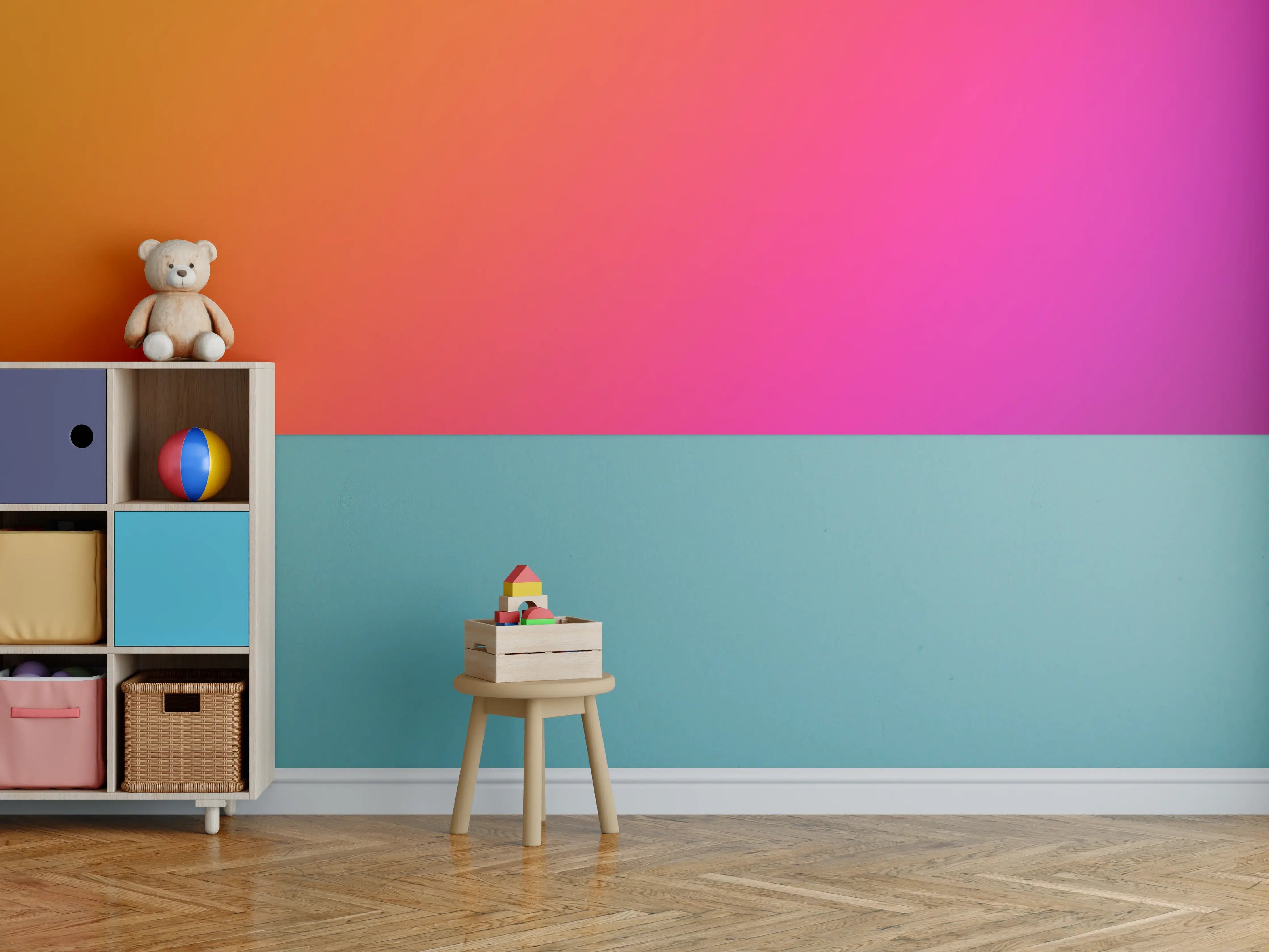 Kinderzimmer Wandgestaltung - Übergang von orange zu lila