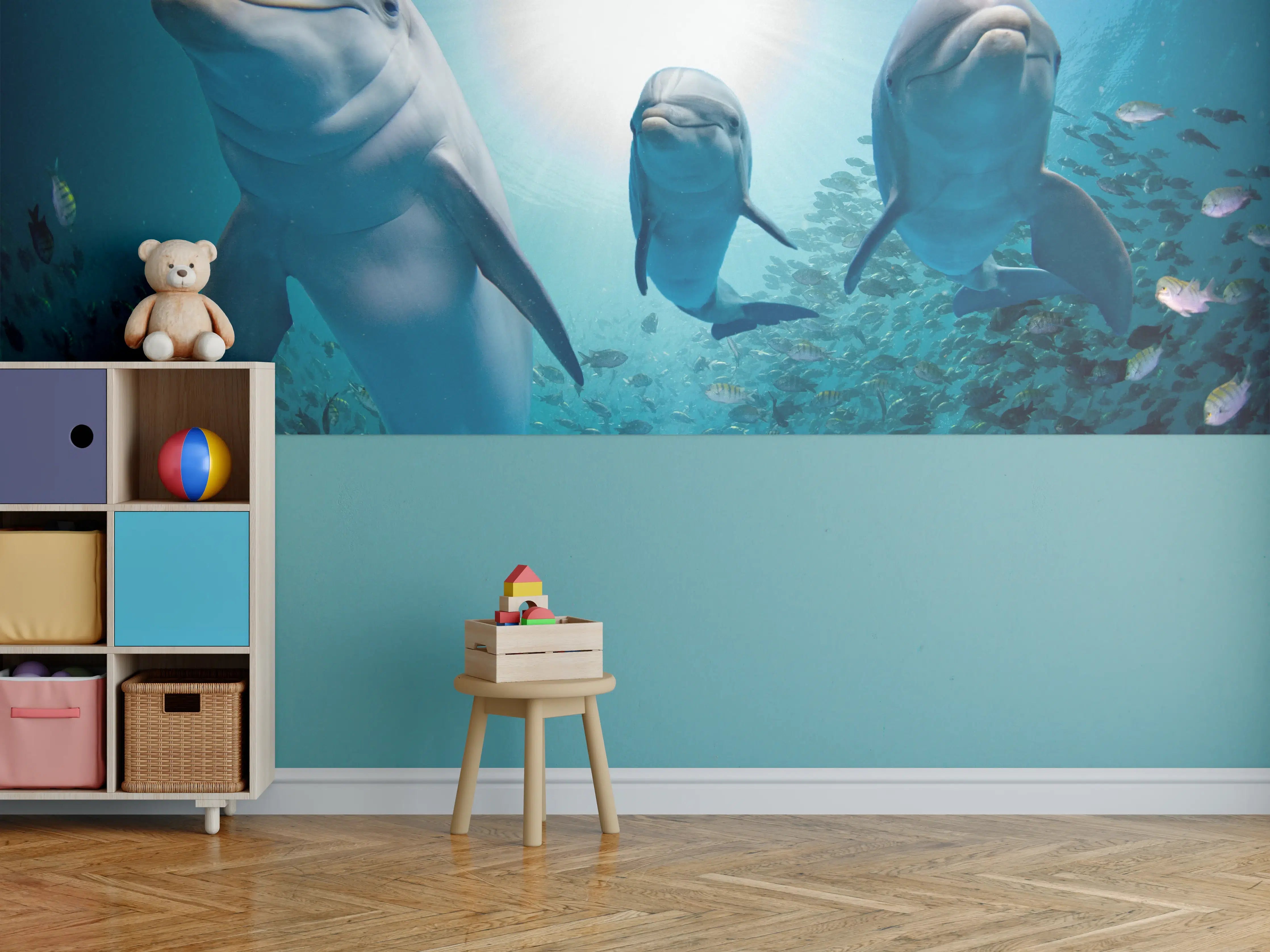 Kinderzimmer Wandgestaltung - Unterwasser-Delfine bei Sonnenlicht