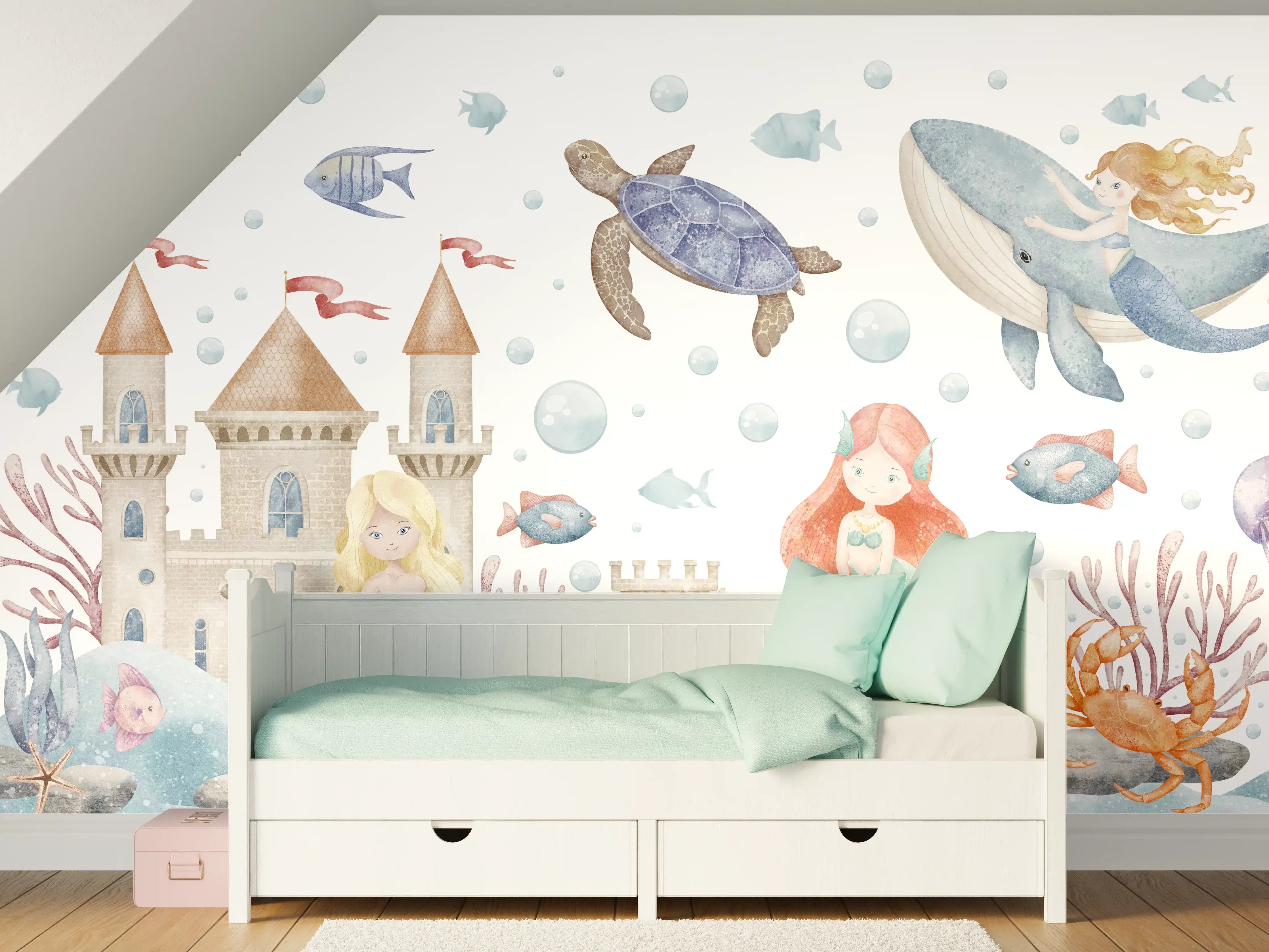 Kinderzimmer Wandgestaltung - Unterwassermärchen mit Meerjungfrau und Meeresbewohnern