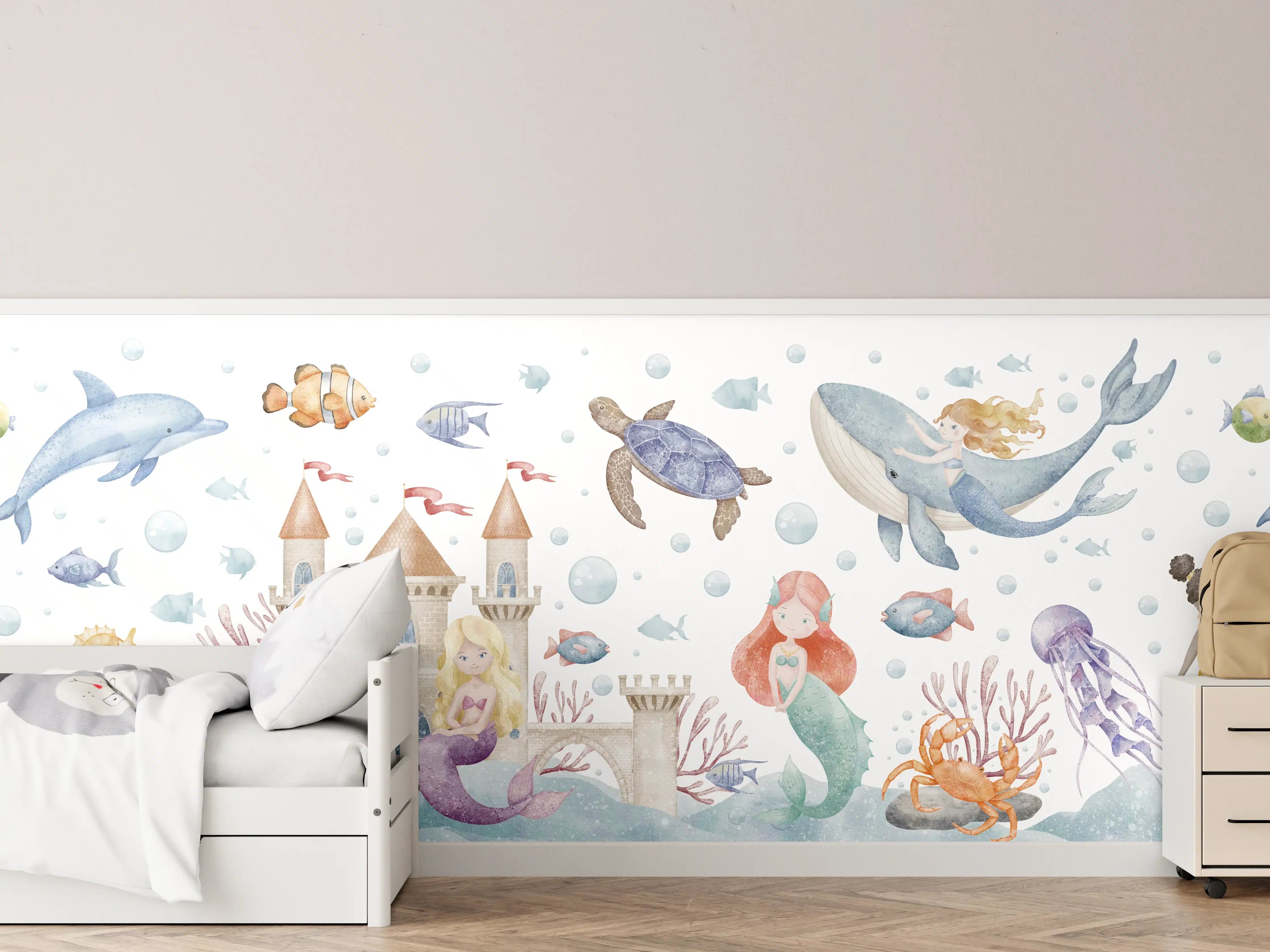 Kinderzimmer Wandgestaltung - Unterwassermärchen mit Meerjungfrau und Meeresbewohnern