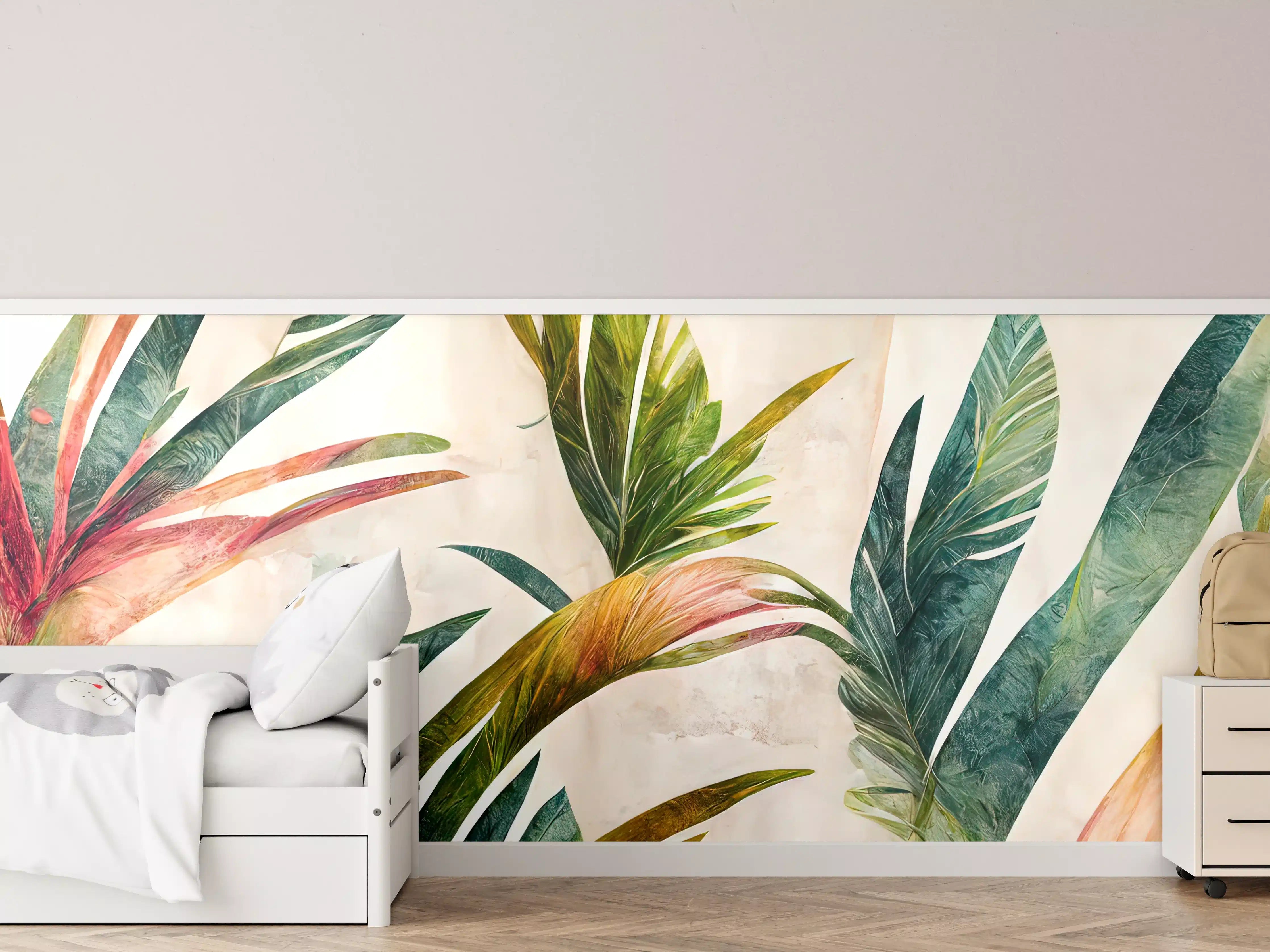 Kinderzimmer Wandgestaltung - Üppiges Blattmuster in Grün und Pink