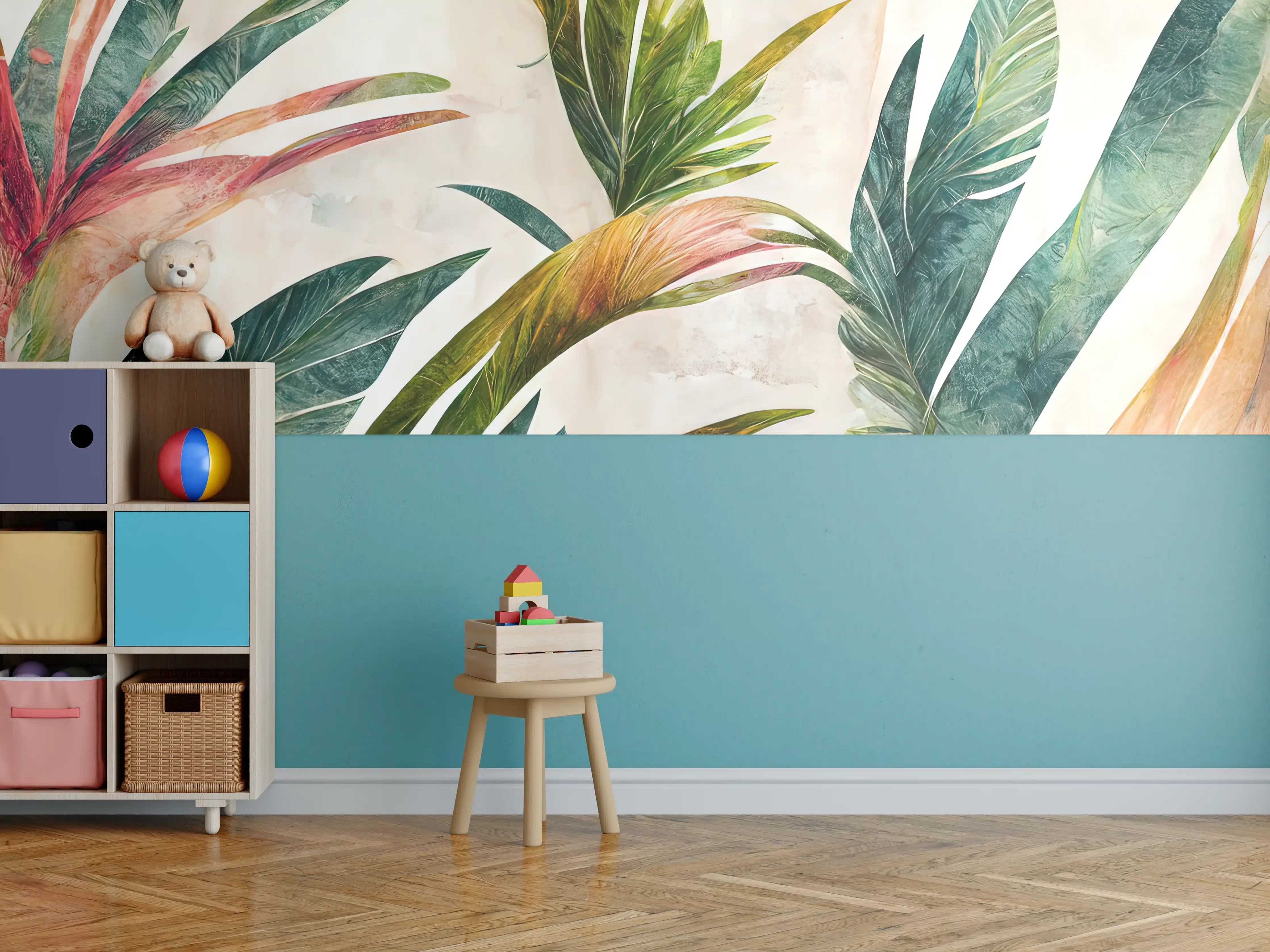 Kinderzimmer Wandgestaltung - Üppiges Blattmuster in Grün und Pink