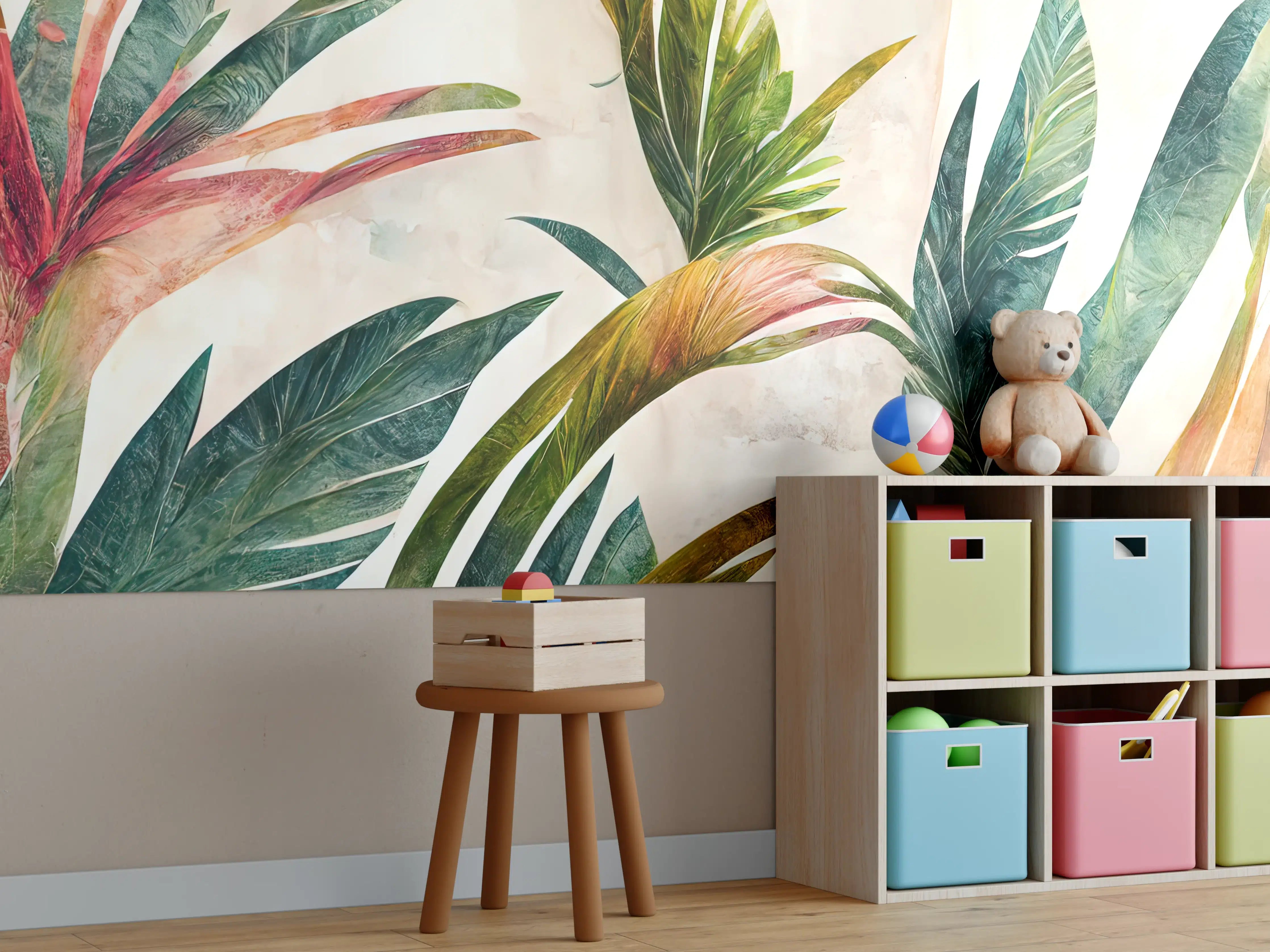 Kinderzimmer Wandgestaltung - Üppiges Blattmuster in Grün und Pink