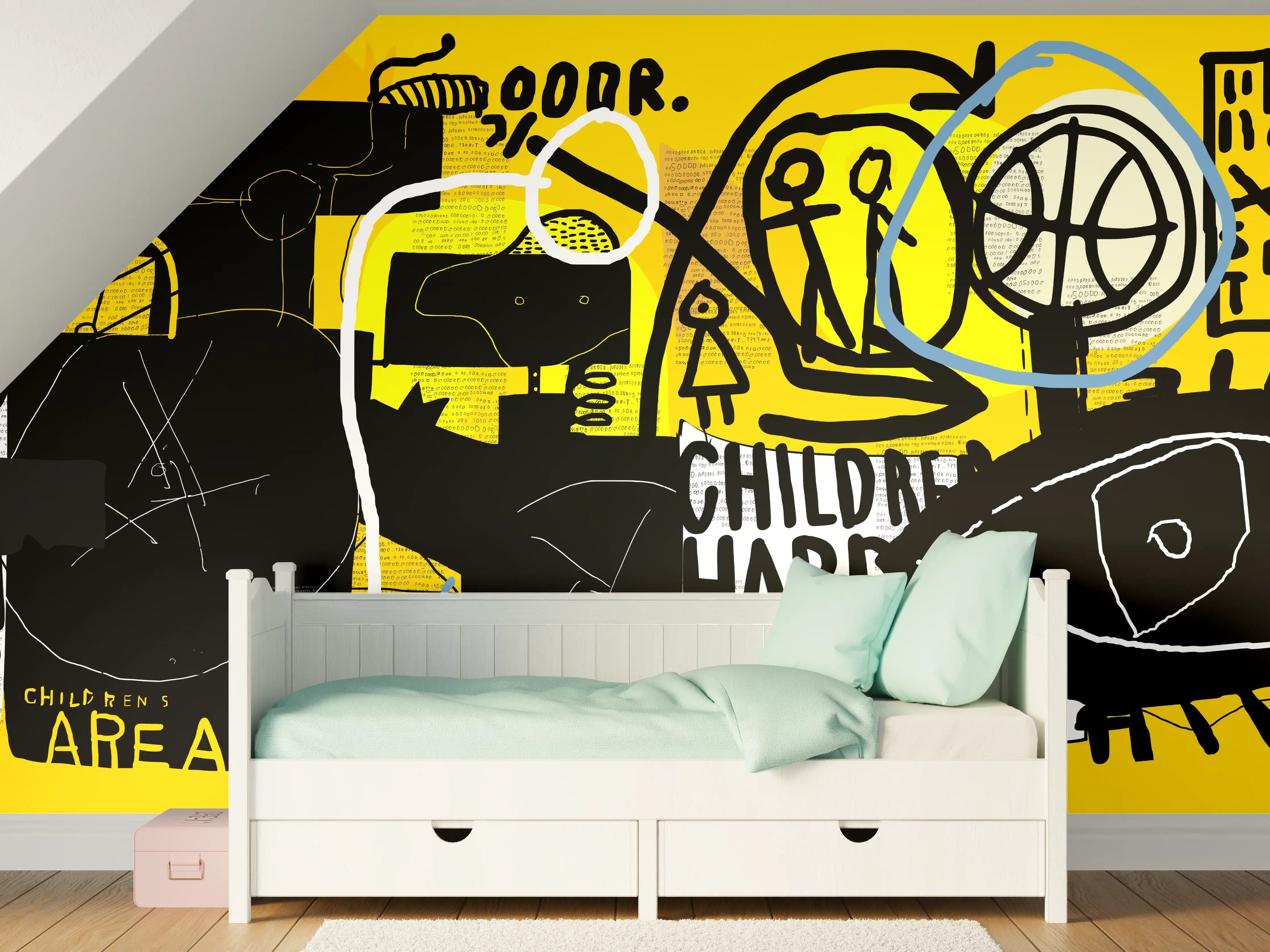 Kinderzimmer Wandgestaltung - Urbanes Graffiti-Kunstwerk Gelb Schwarz