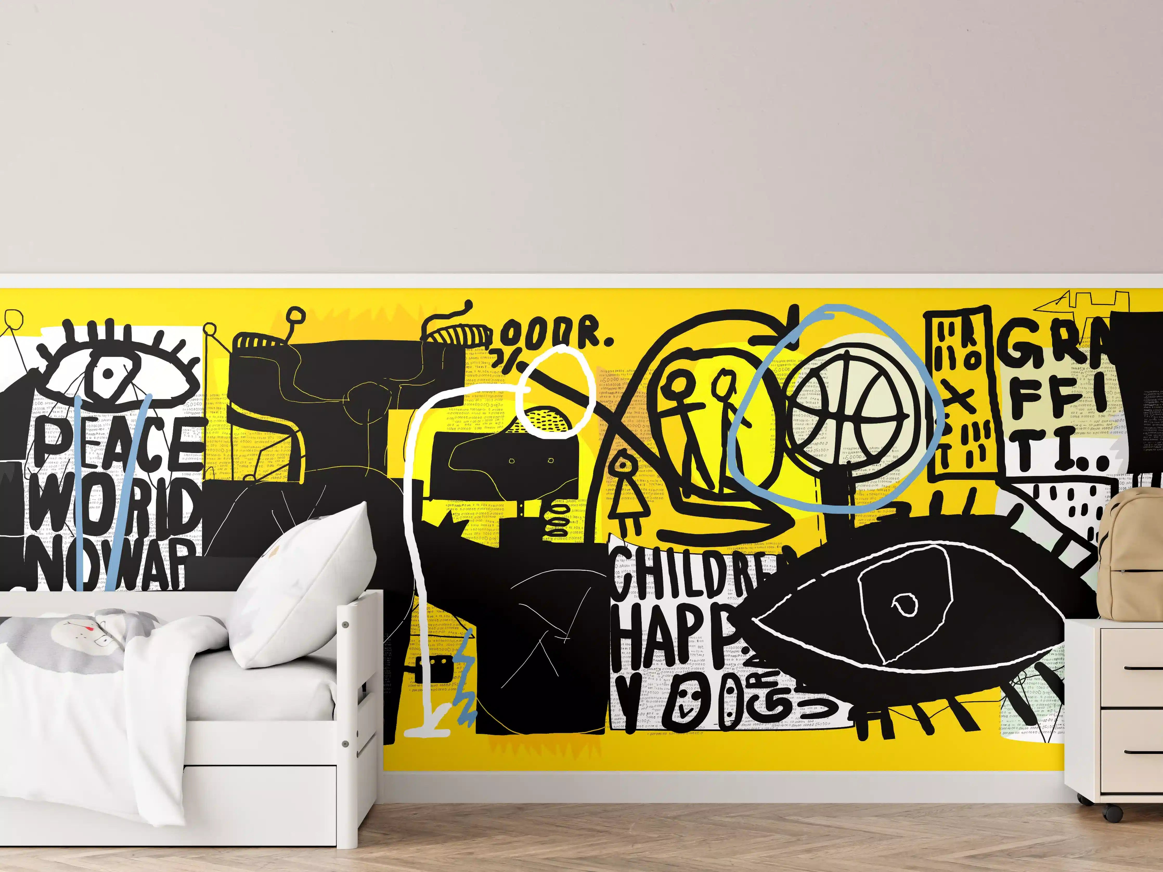 Kinderzimmer Wandgestaltung - Urbanes Graffiti-Kunstwerk Gelb Schwarz