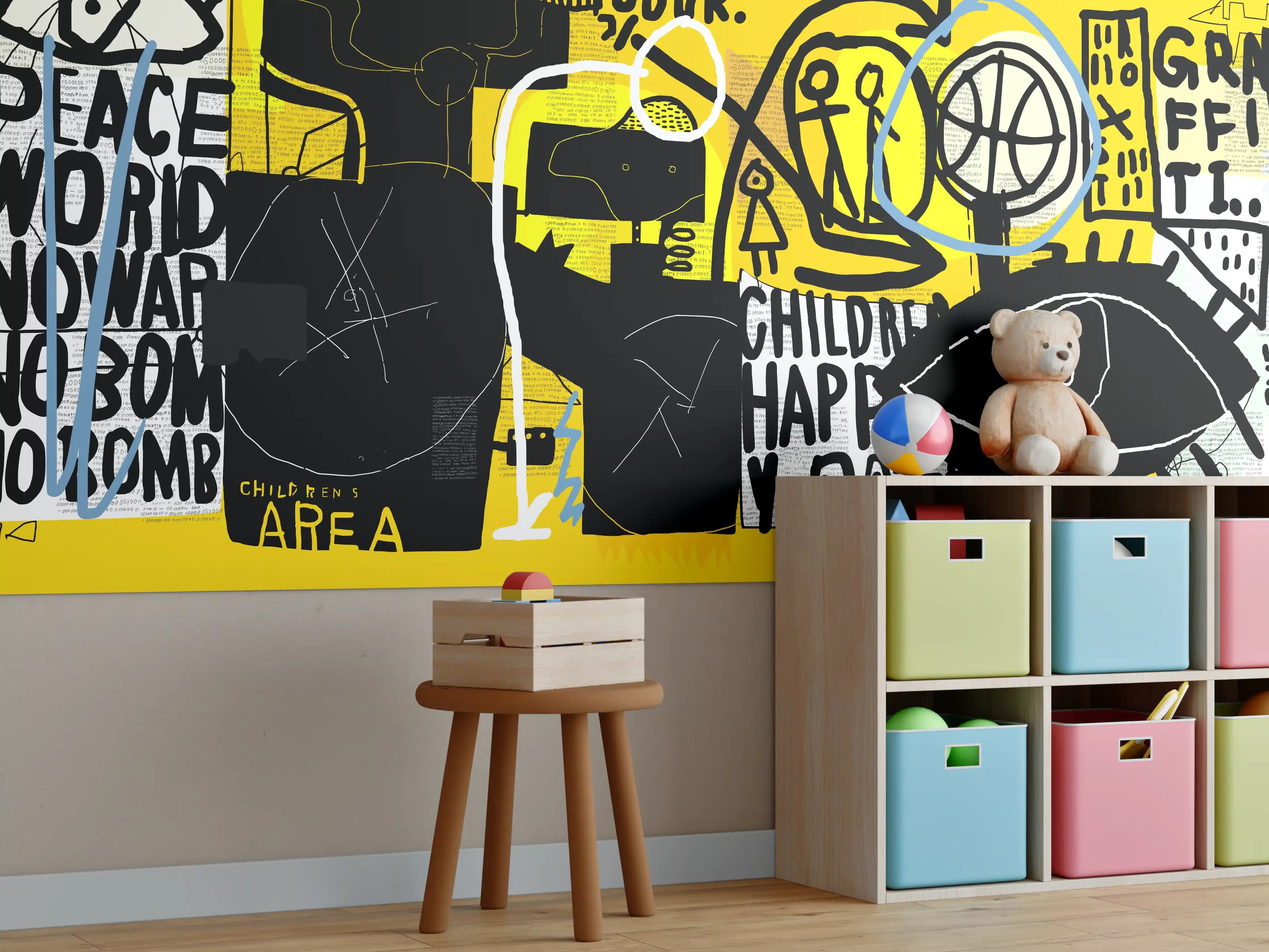 Kinderzimmer Wandgestaltung - Urbanes Graffiti-Kunstwerk Gelb Schwarz
