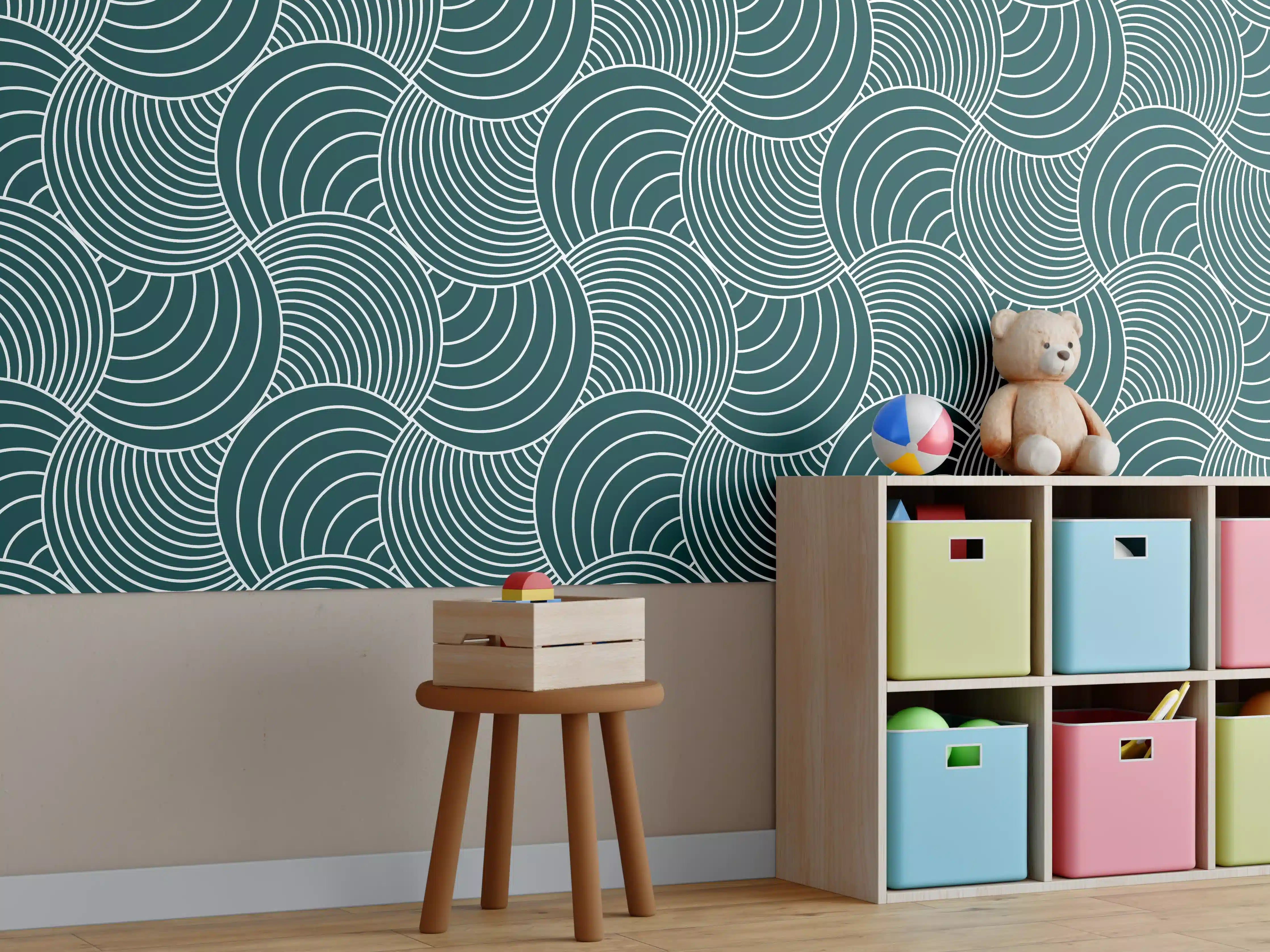 Kinderzimmer Wandgestaltung - Verflochtene Wellen in Petrolgrün